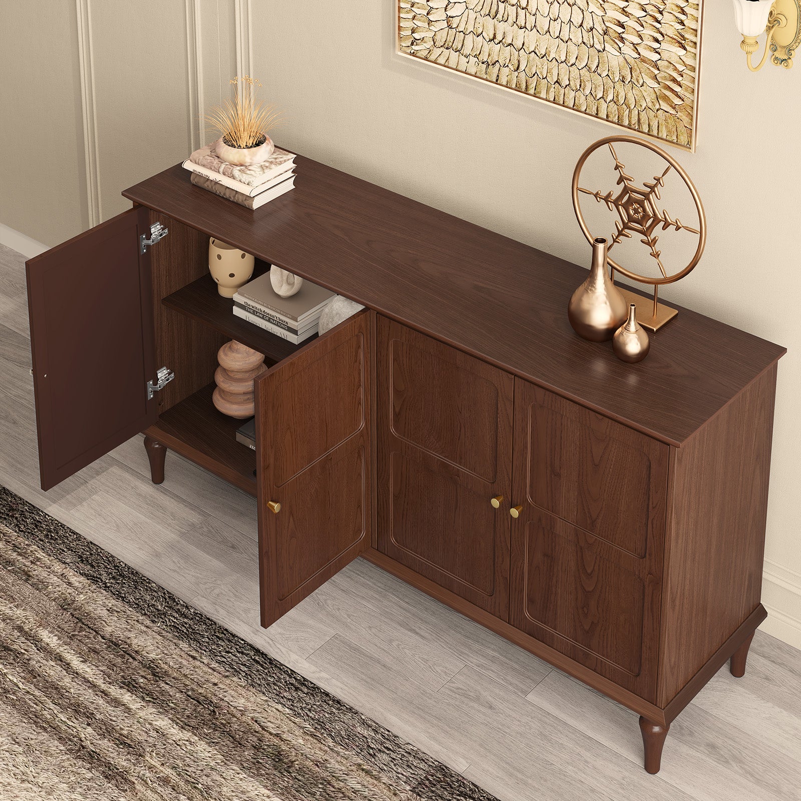 HLR Mid Century 58" Wood 4 Door Sideboard Buffet Cabinet with Storage for Living Dining (Brown)
