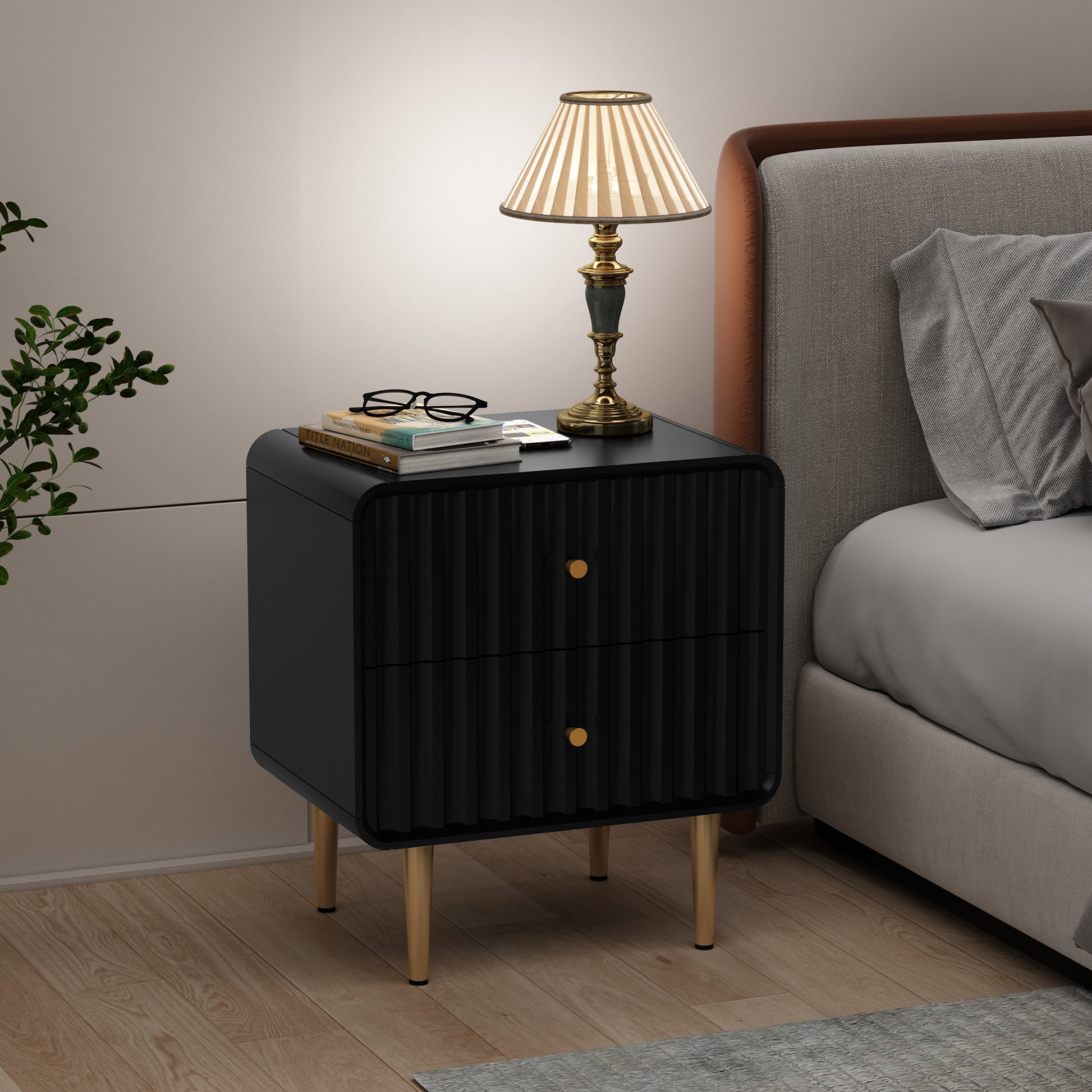 CBJCBJ Modern Bedroom Nightstand Set of 2, 20-Inch Wood Bedside Table with 2 Drawers and Gold Handles