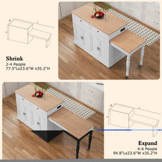 CBJCBJ Modern Extendable Kitchen Islands on Wheels with Power Outlet, Dining Table Cart with 4 Doors Storage,