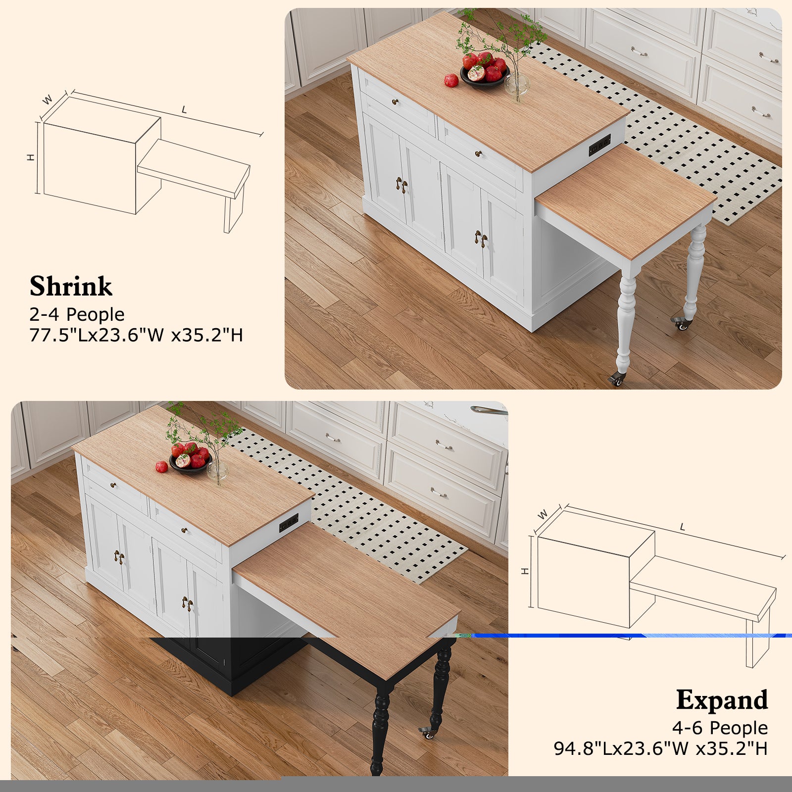 CBJCBJ Modern Extendable Kitchen Islands on Wheels with Power Outlet, Dining Table Cart with 4 Doors Storage,