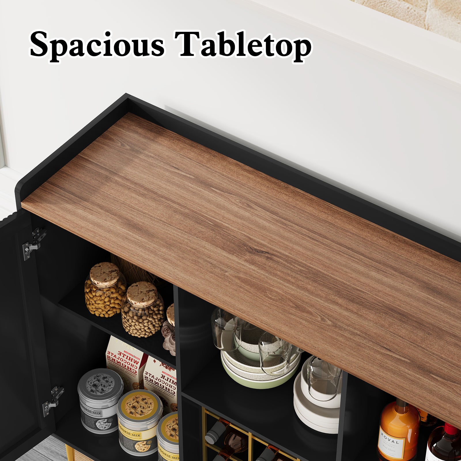CBJCBJ 47" Modern Storage Wine Bar Cabinet with Cup Holder and Wine Rack for Dining, Black