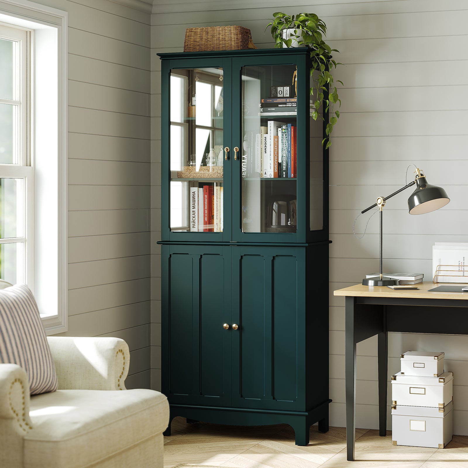 CBJCBJ Modern Bookcase with Storage, Display Cabinet with Glass Doors, Storage Cabinet with Adjustable Shelves,Green