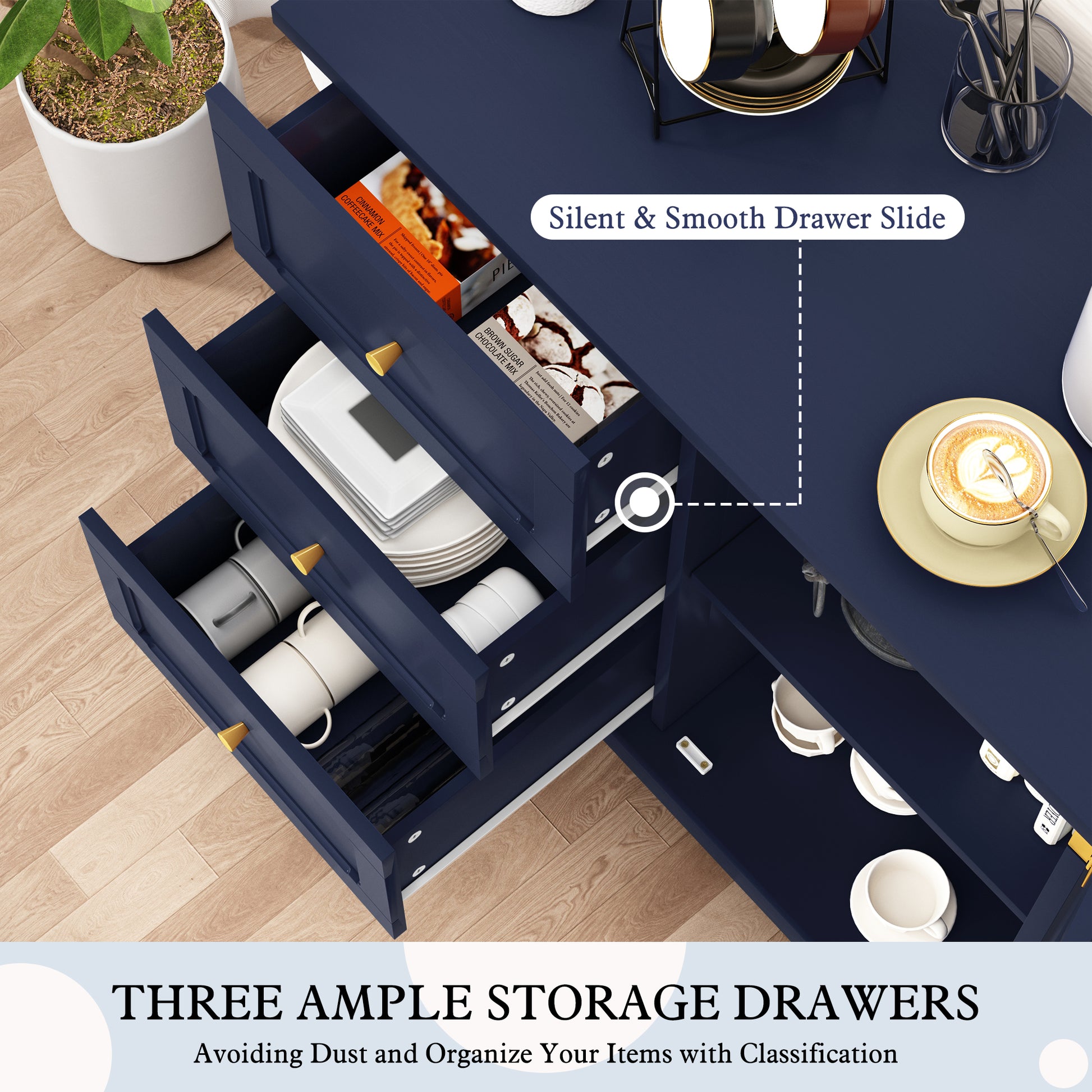 HLR Modern 32" Accent Cabinet 3 Drawers & Door, Wood Sideboard with Storage for Living Room Navy Blue