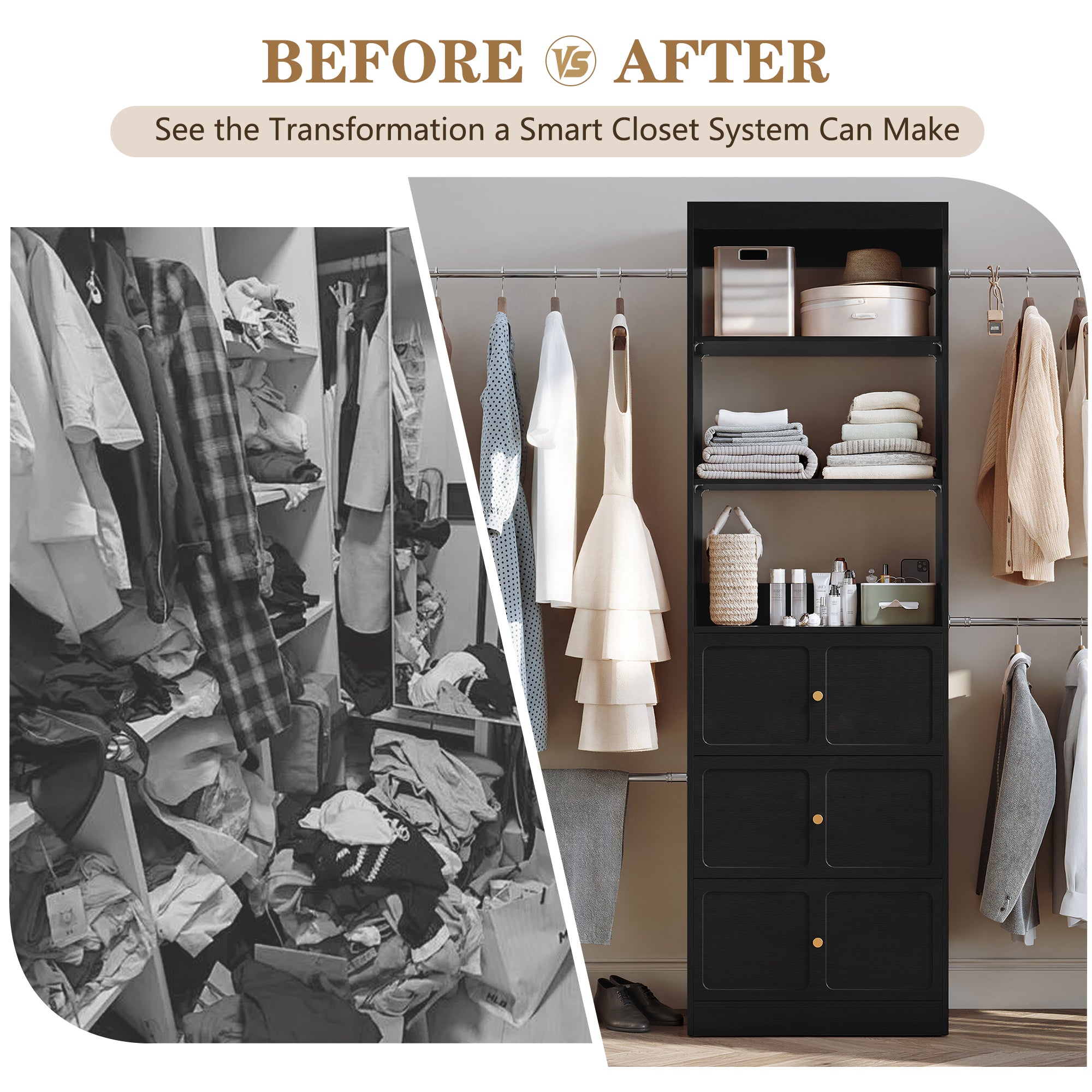 CBJCBJ 80"H Wood Closet Organizer System with 3 Drawers, 4 Hanging Rods, Wardrobe Clothes Rack for Bedroom,Black