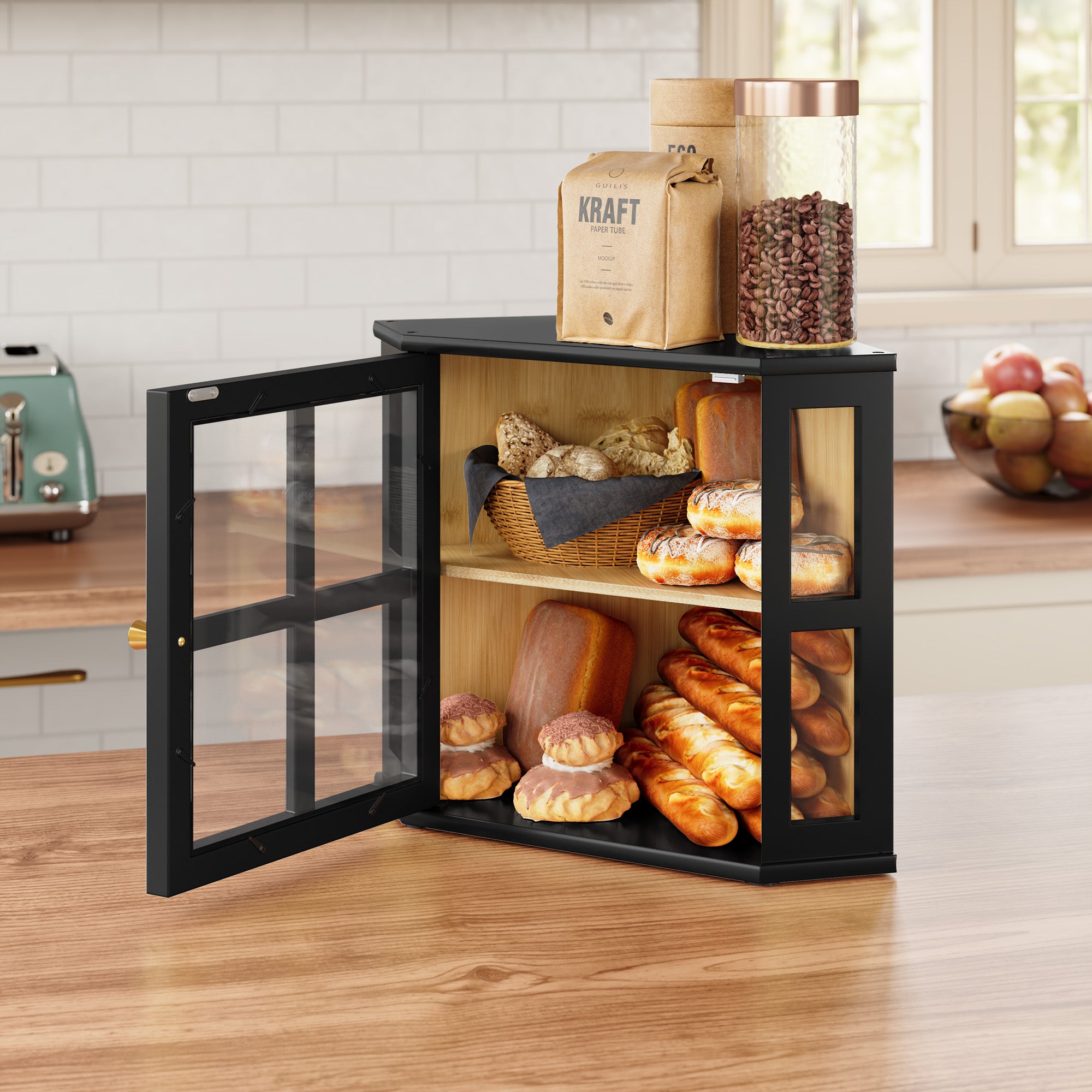 HLR Double Layer Bamboo Bread Box for Kitchen Counter, Large Capacity Bread Storage Bin with Acrylic Door, Black
