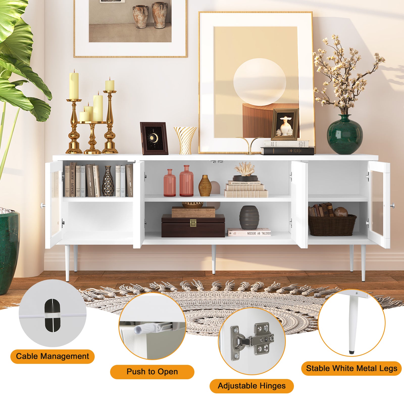 CBJCBJ Modern TV Stand for 70" TV, TV Console Cabinet with Storage, Entertainment Center for Living Room,White