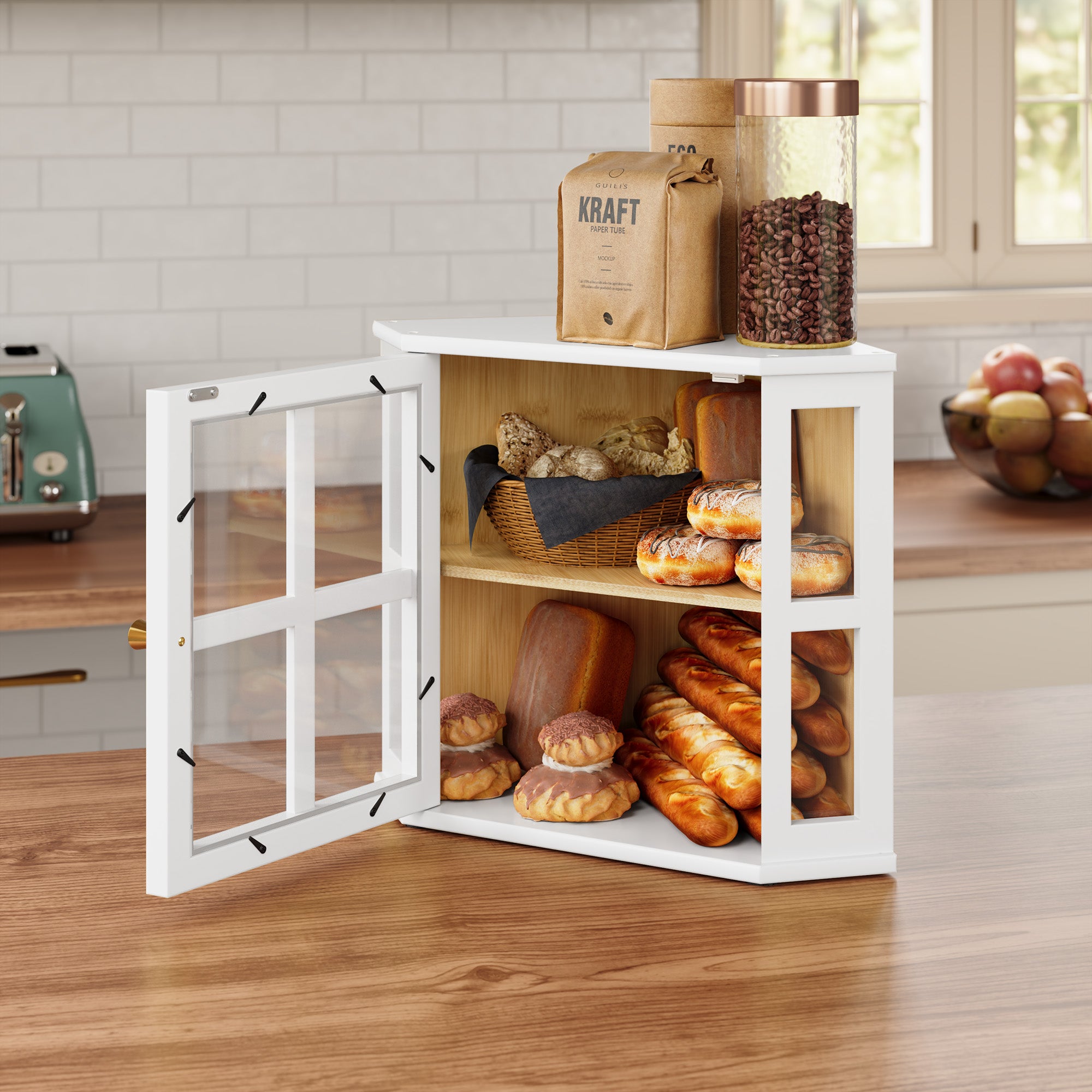 HLR Double Layer Bamboo Bread Box for Kitchen Counter, Large Capacity Bread Storage Bin with Acrylic Door, White