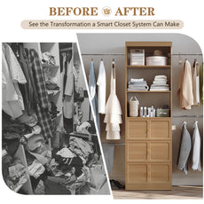 HLR Open Wardrobe Closet System with Adjustable Hanging Rods, Storage Cabinet with Drawers and Shelves,Brown