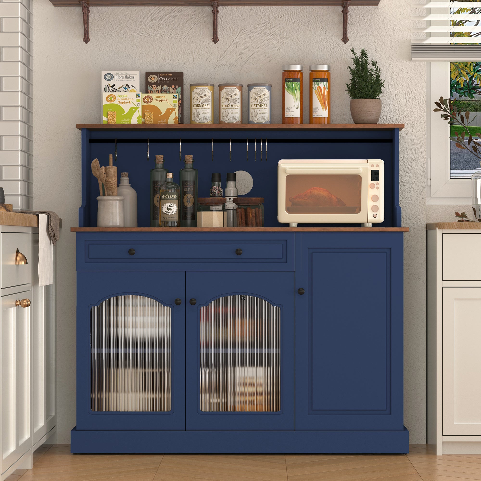 HLR 48" Modern Wood Kitchen Pantry Cabinet, Coffee Bar with Drawer & Microwave Stand, Dining Room, Navy Blue