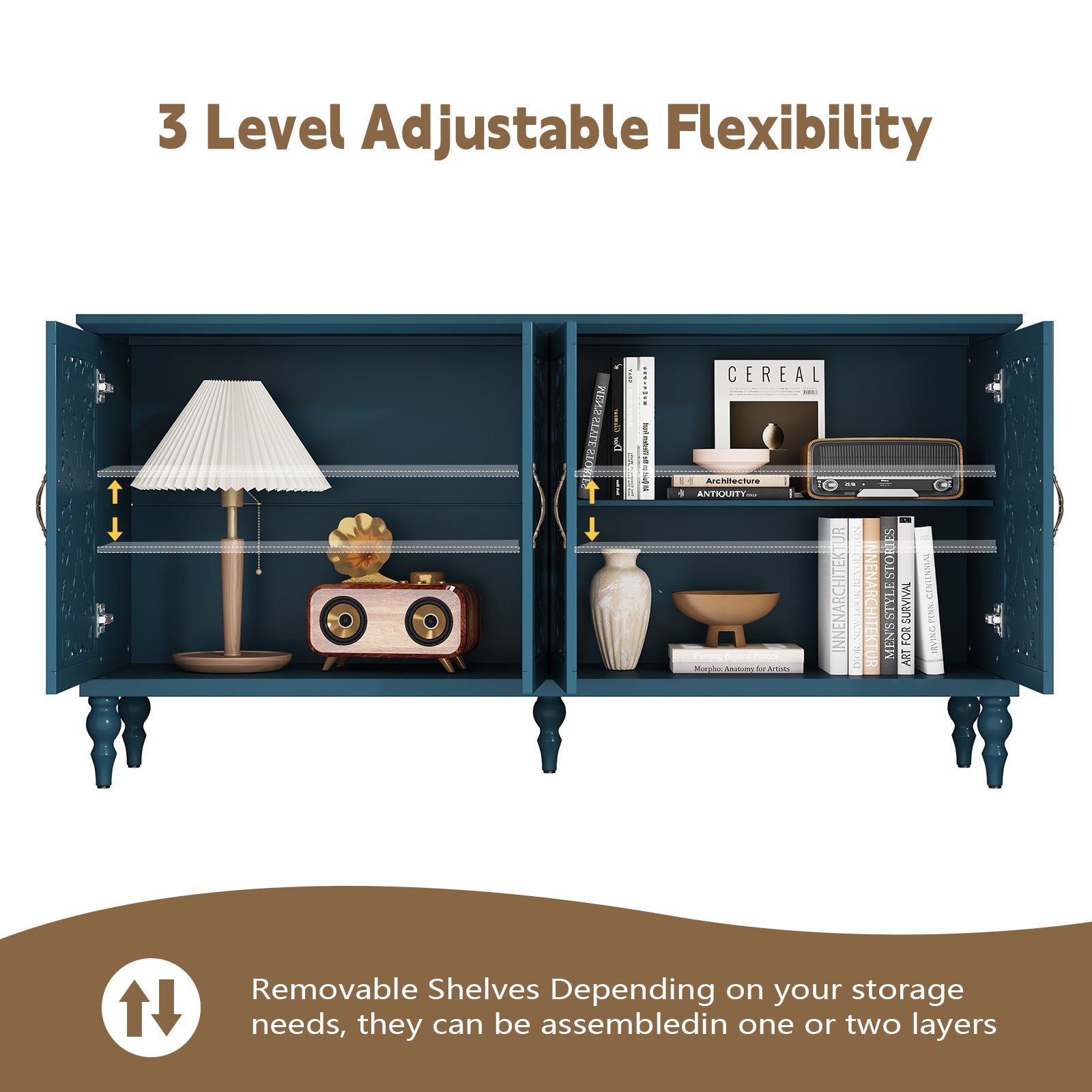 HLR 62'' Mid Century Vintage Sideboards Buffets Cabinet with 4 Doors Storage for Kitchen Dining, Blue