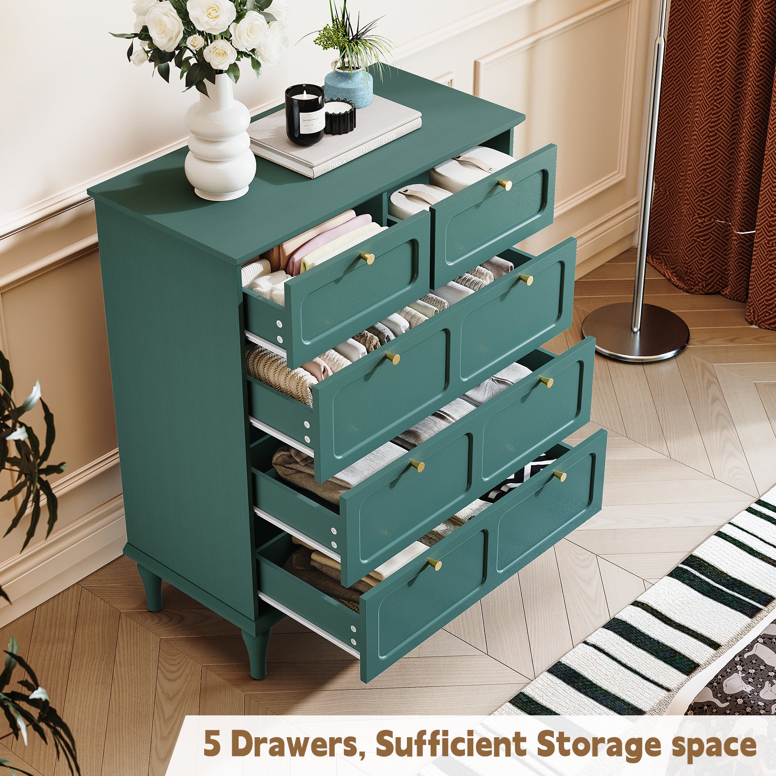 HLR 40" Mid-century 5 Drawer Dresser for Bedroom, Small Dressers & Chest of Drawers,Green