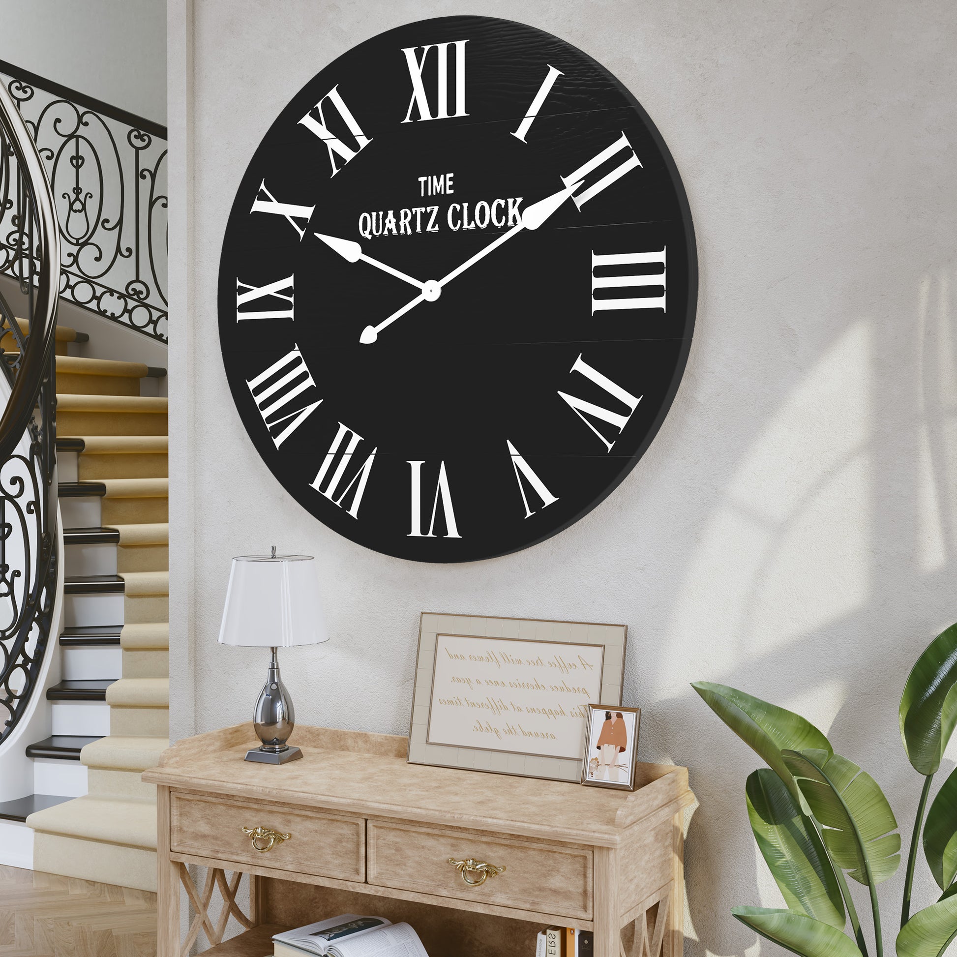 CBJCBJ 35.5” Farmhouse Large Shiplap Round Wall Clock with Roman Numeral for Living Room Decor, Black