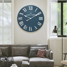 HLR 35.5” Farmhouse Large Shiplap Round Wall Clock with Roman Numeral for Living Room Decor, Navy Blue