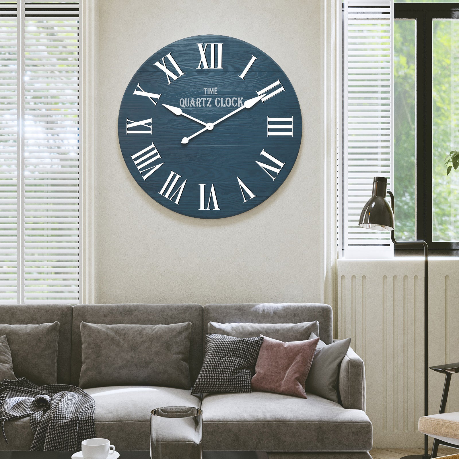 HLR 35.5” Farmhouse Large Shiplap Round Wall Clock with Roman Numeral for Living Room Decor, Navy Blue