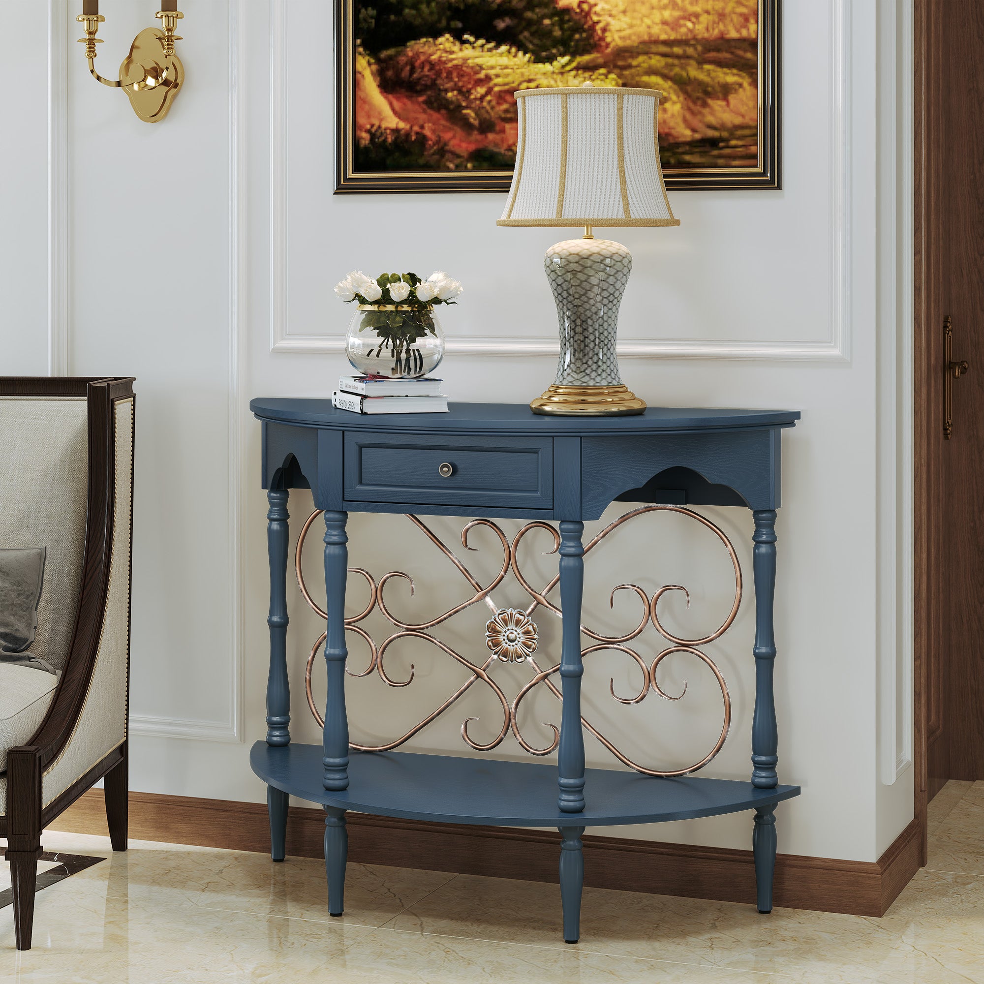 HLR 40" Mid Century Console Table with Drawer, Assembled Entryway Table with Storage for Hallway, Blue