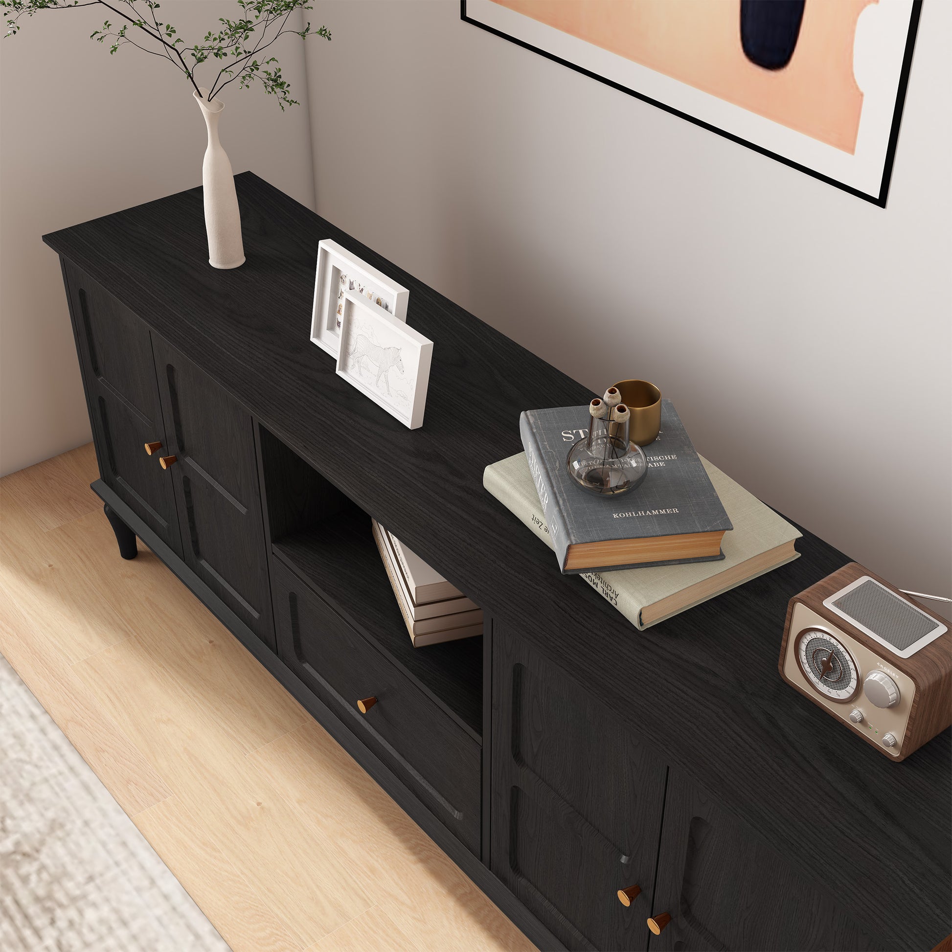 CBJCBJ 67"Mid-Century Modern TV Stand with Storage and Adjustable Partition , Media Console for TVs up to 75", Black