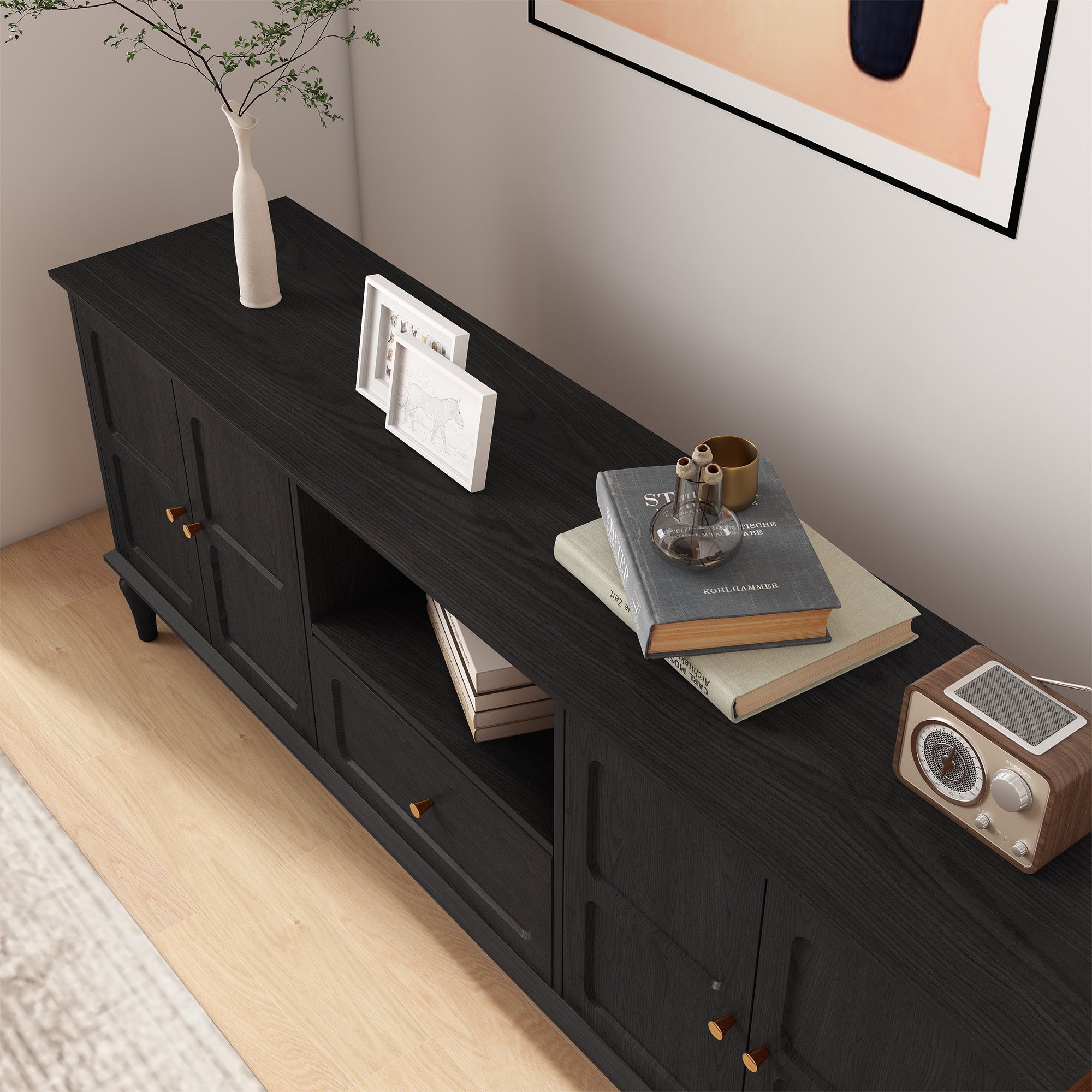 CBJCBJ 67"Mid-Century Modern TV Stand with Storage and Adjustable Partition , Media Console for TVs up to 75", Black