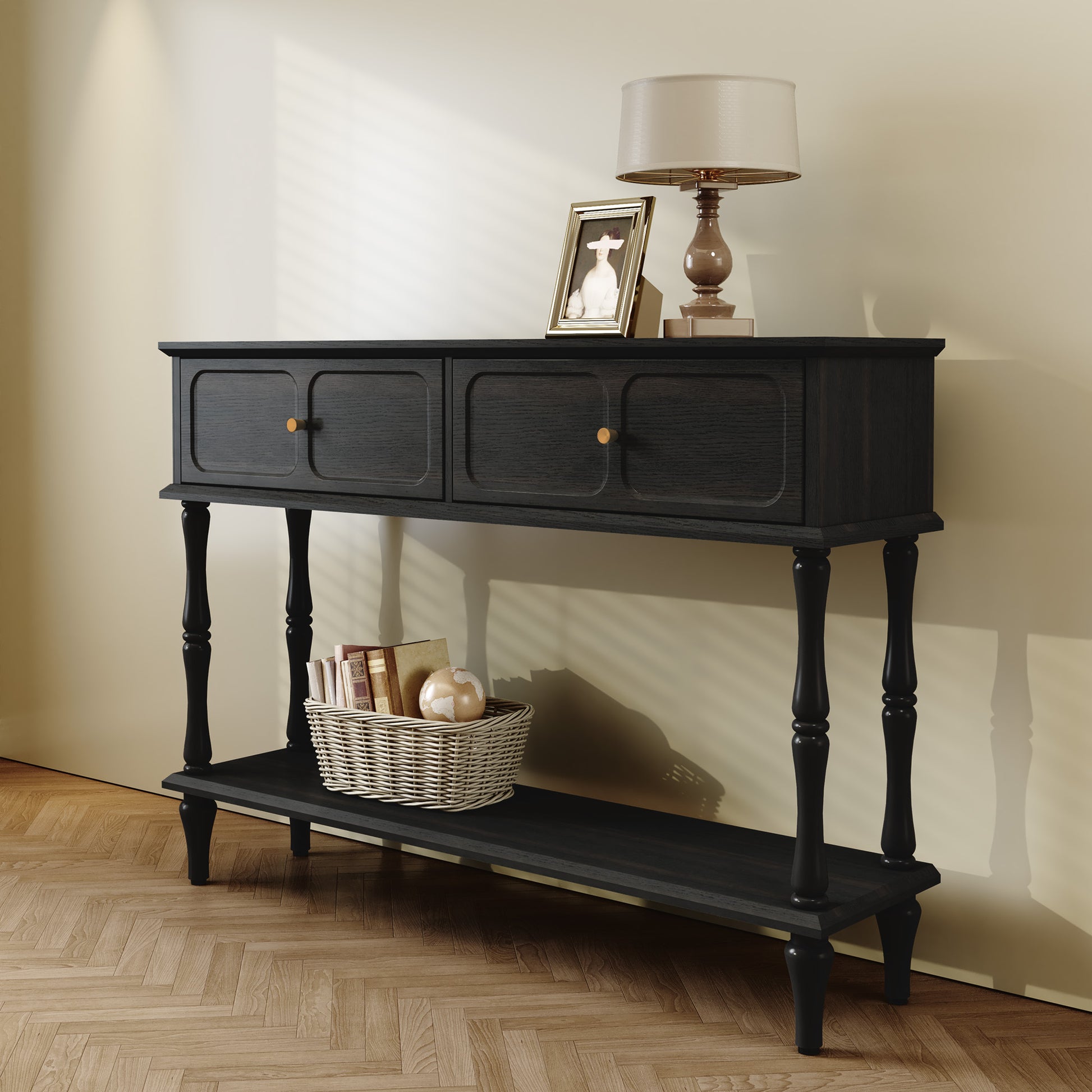 HLR 47" Mid Century Console Table, Aged Finish Entryway Table with Storage Shelf for Hallway, Black