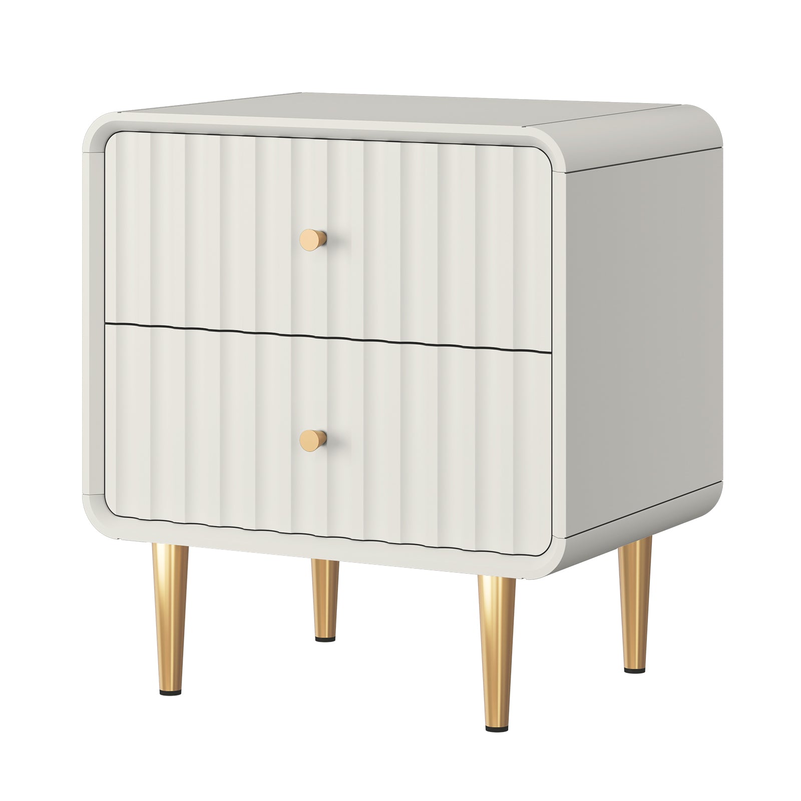 HLR 20" Modern Fluted White Nightstand Set of 2, Wood Bedside Table with 2 Drawers & Gold Metal Handles