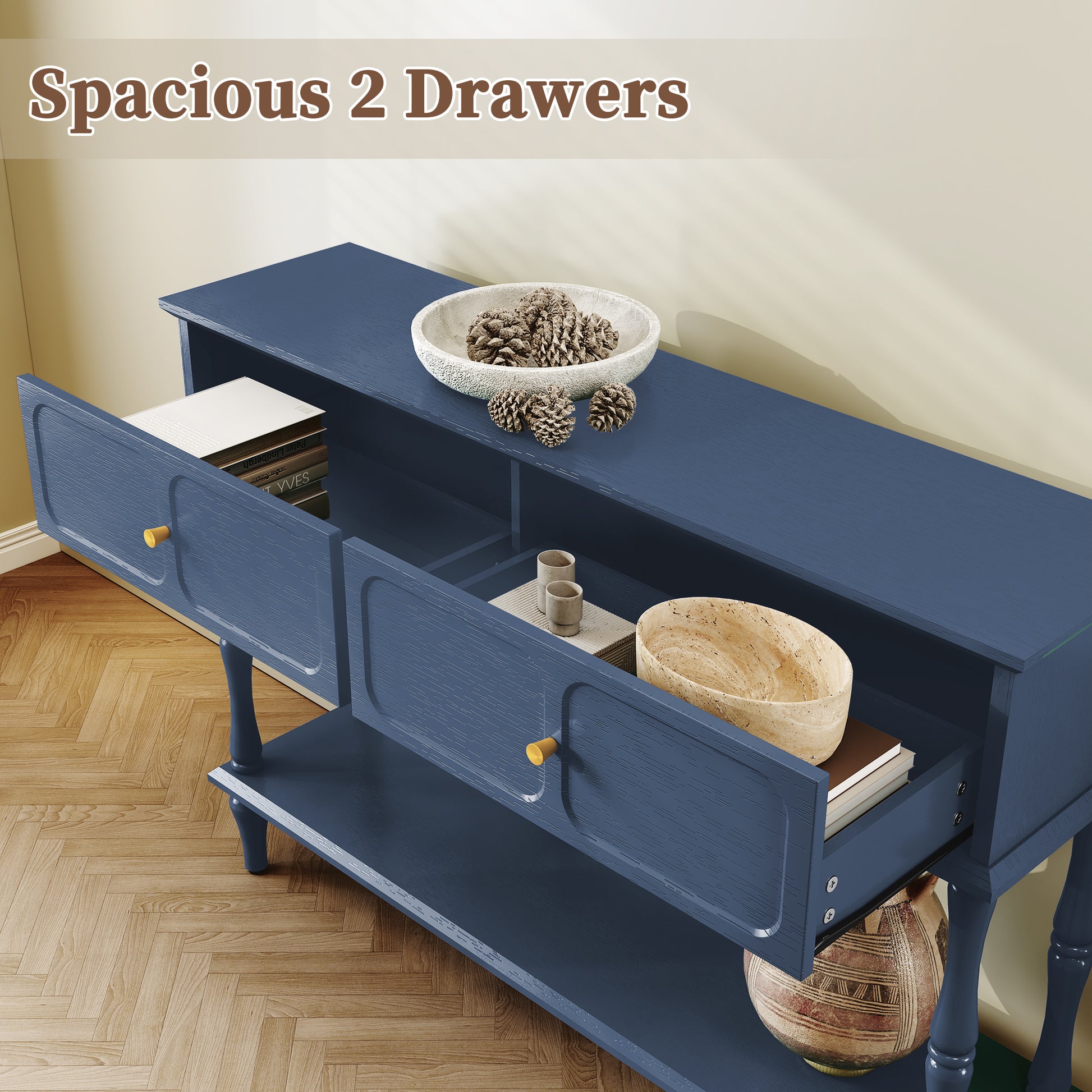 HLR 47" Mid Century Console Table, Aged Finish Entryway Table with Storage Shelf for Hallway, Blue