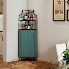 HLR Corner Coffee Bar Cabinet with LED Strip, 4-Tiers Modern Tall Liquor Cabinet with Wine Rack for Dining Room, Green