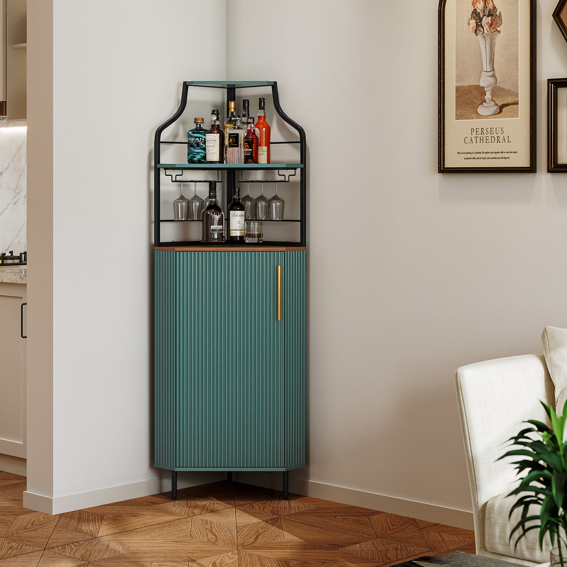 HLR Corner Coffee Bar Cabinet with LED Strip, 4-Tiers Modern Tall Liquor Cabinet with Wine Rack for Dining Room, Green