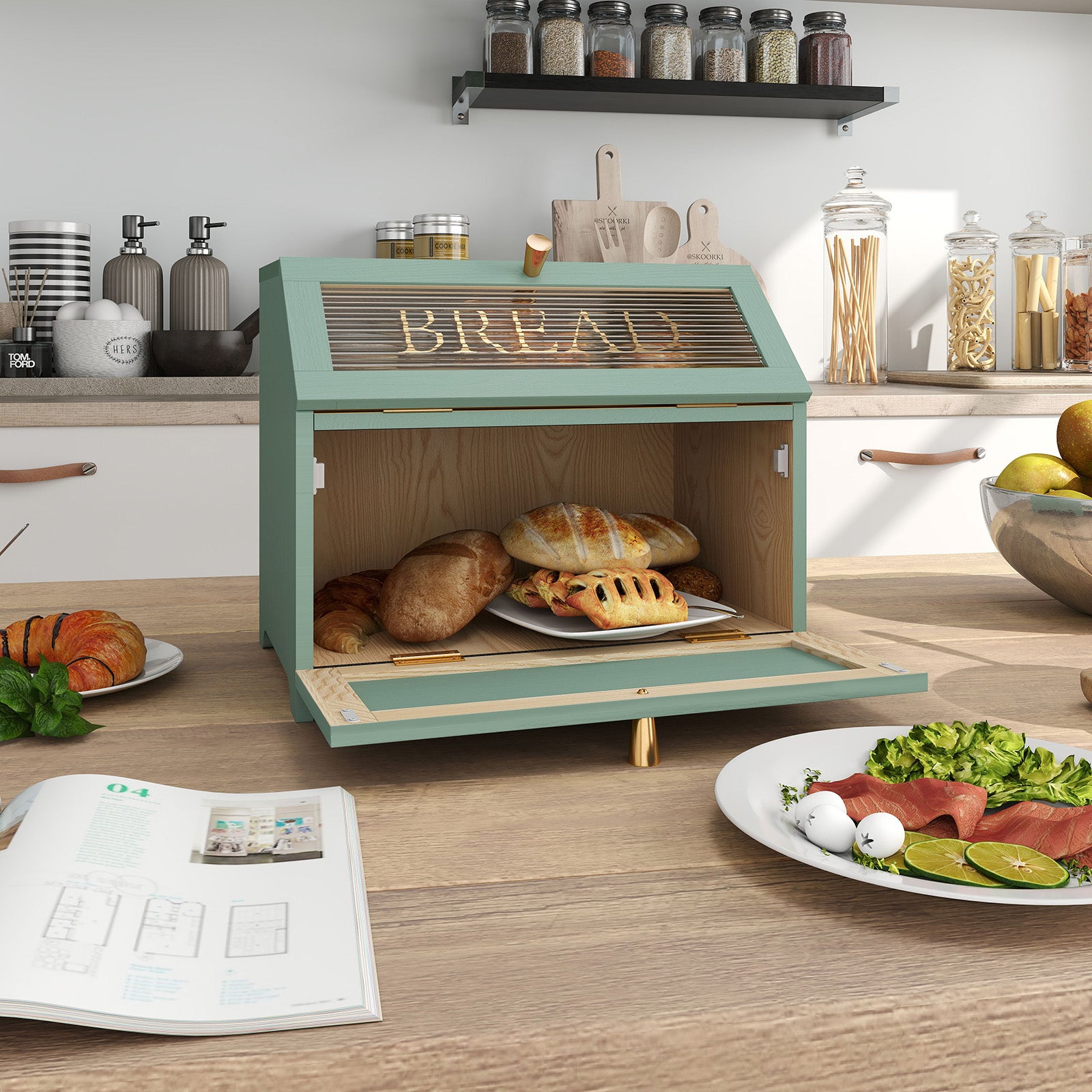 CBJCBJ 15.1" Gold-Trimmed Wooden Bread Box, Double Layer Kitchen Counter Organizer, Vintage Farmhouse Storage,Green