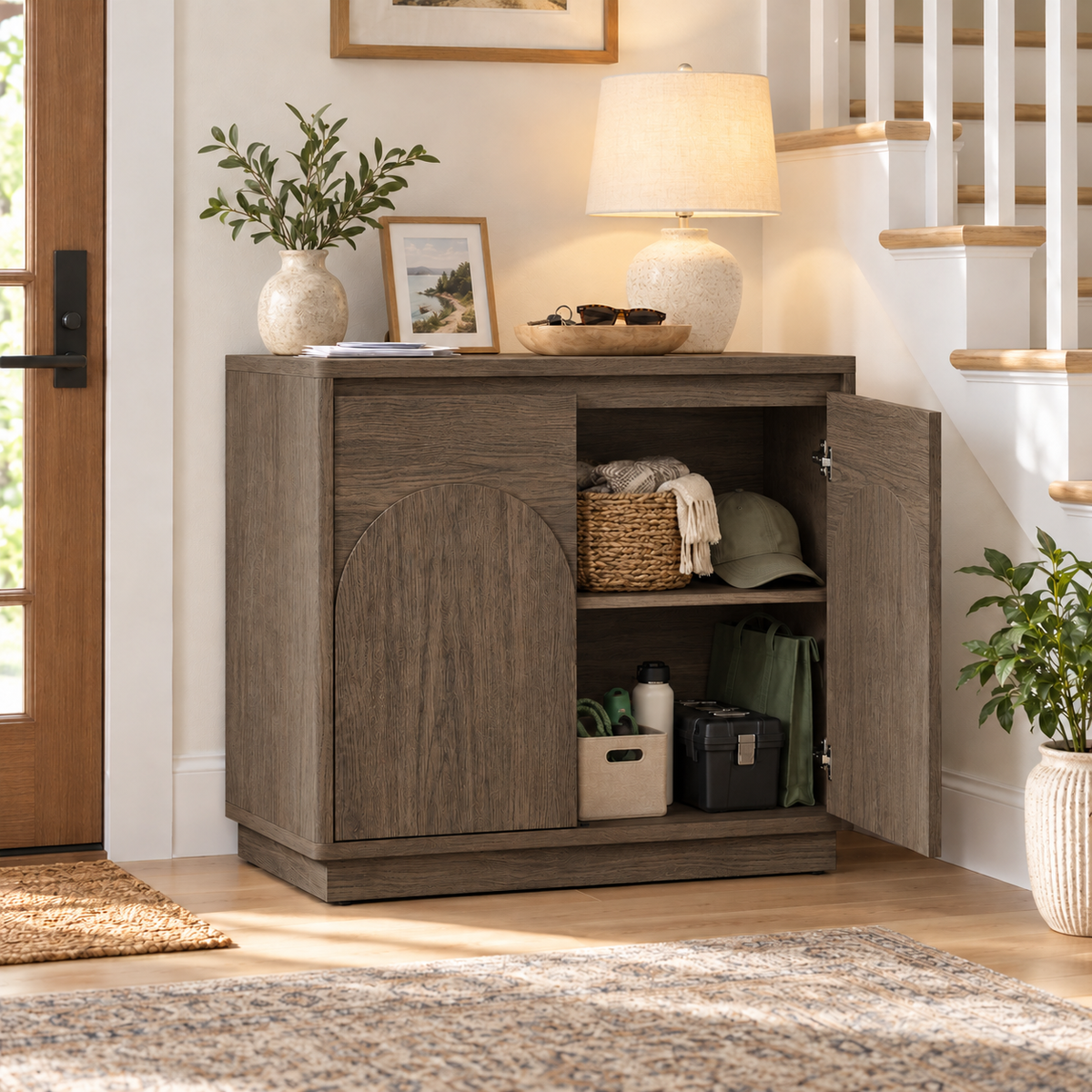 HLR 63'' Sideboard Buffet Cabinet, Mid-Century Wood Accent Cabinet with 4 Doors Storage for Living, Brown