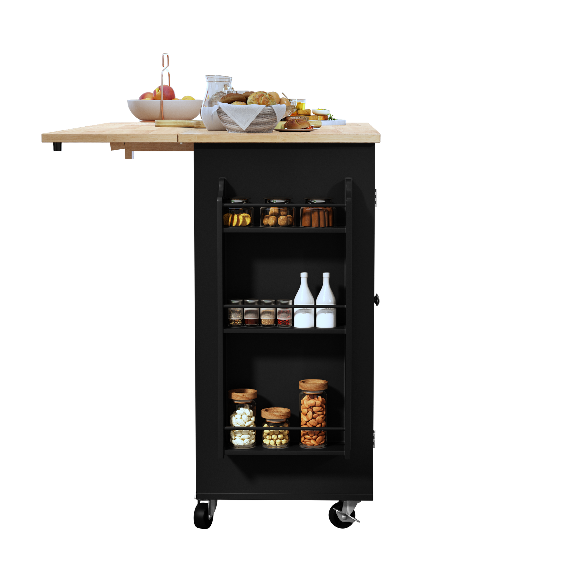 HLR 50.39" Kitchen Islands with Storage, Wood Top Cart with Drop Leaf and Wheels,Black