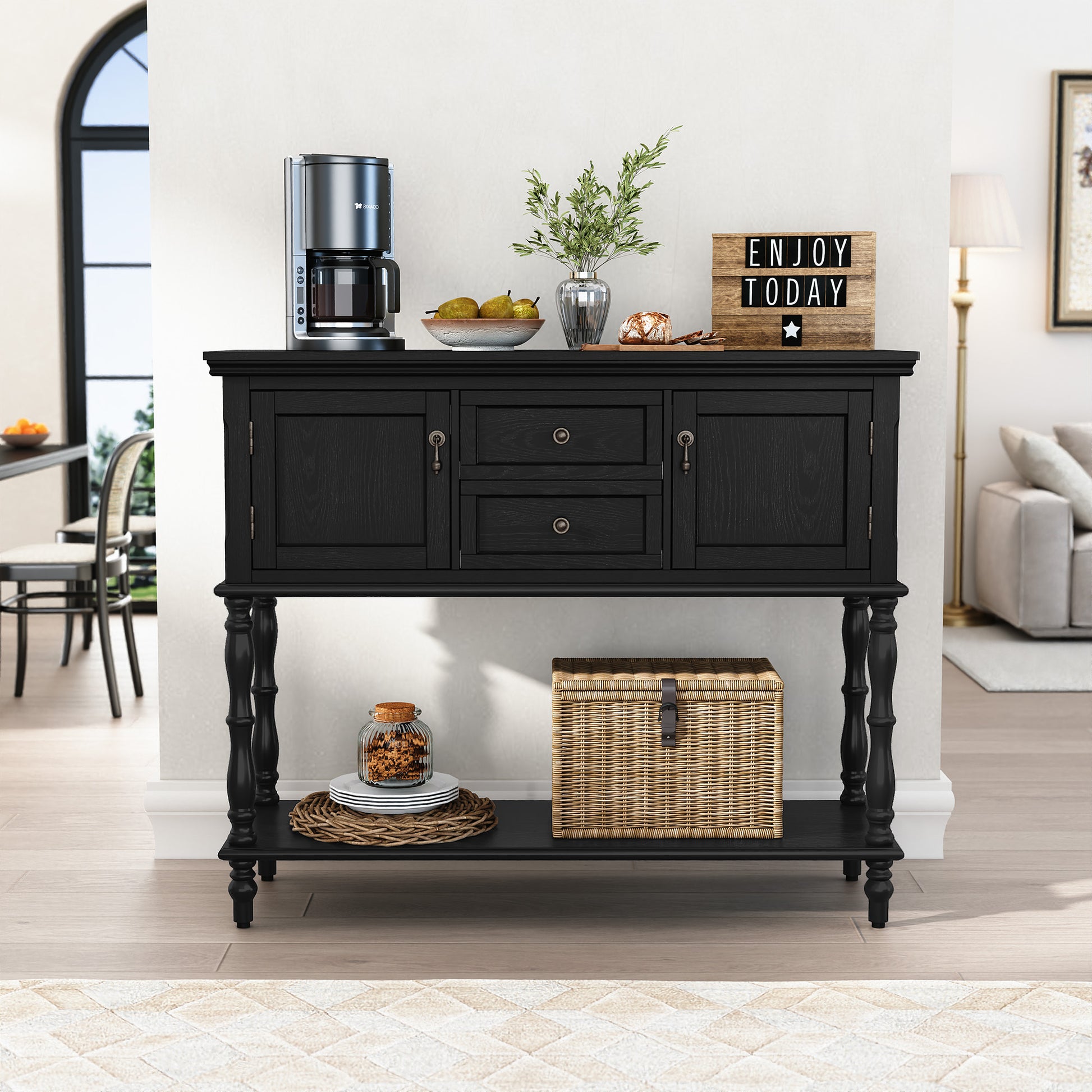 CBJCBJ 42" Farmhouse Console Table , 2 Drawer Narrow Long Entryway Table with Open Storage Shelf , for Living Room, Black
