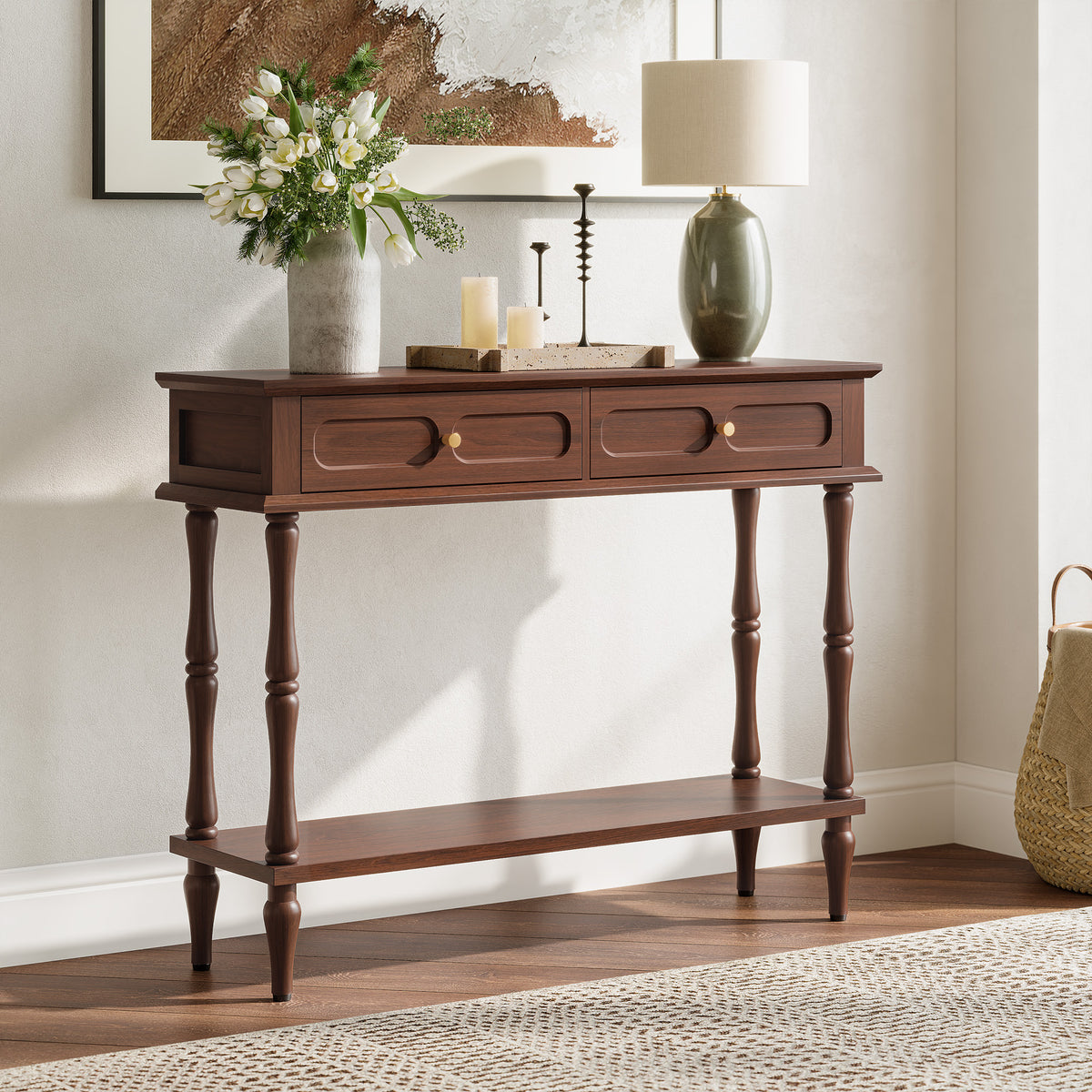 HLR 41" Mid Century Console Tables, Entryway Tables with 2 Drawers, 10 Mins Assembly, Brown