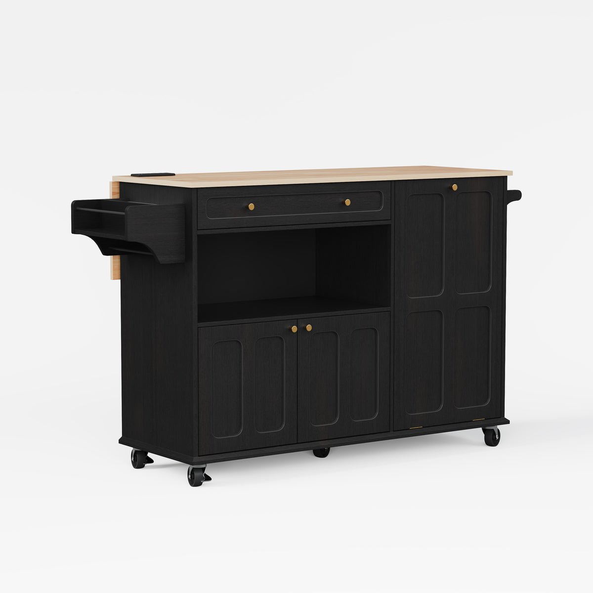 HLR Mid-Century 60" Kitchen Island with Trash Can Storage, Rolling Island Table, Black