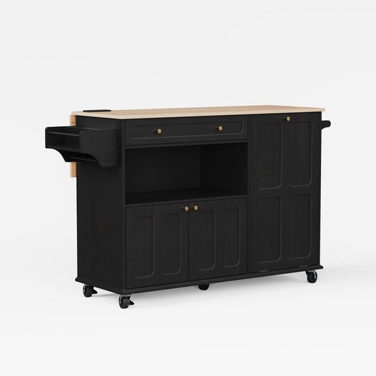 HLR Mid-Century 60" Kitchen Island with Trash Can Storage, Rolling Island Table, Black