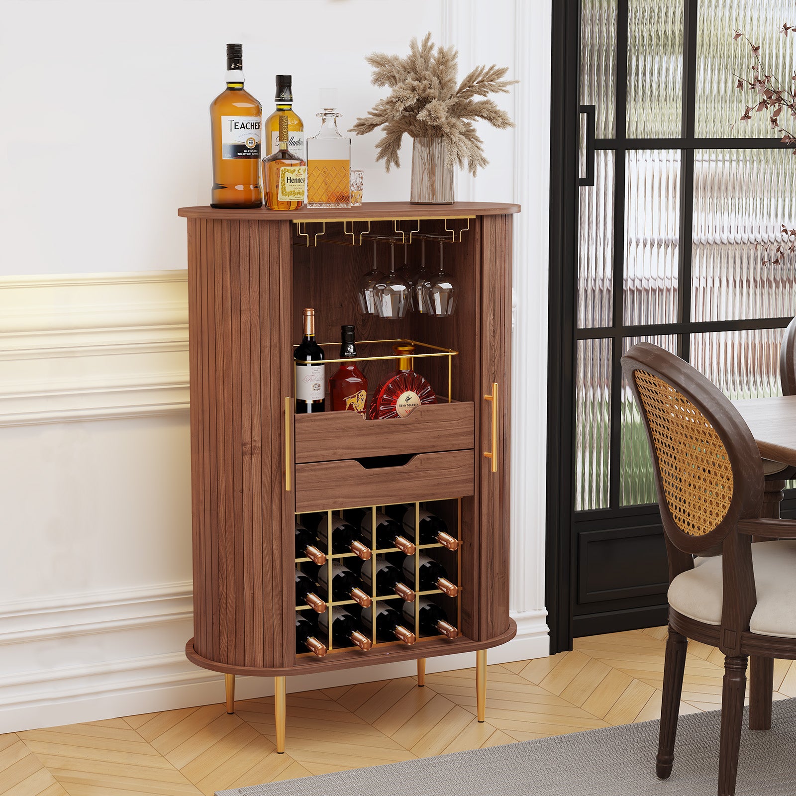 CBJCBJ Bar Cabinet with Tambour Door, Wood Liquor Cabinet with 16 Wine Racks and Adjustable Shelves, Brown