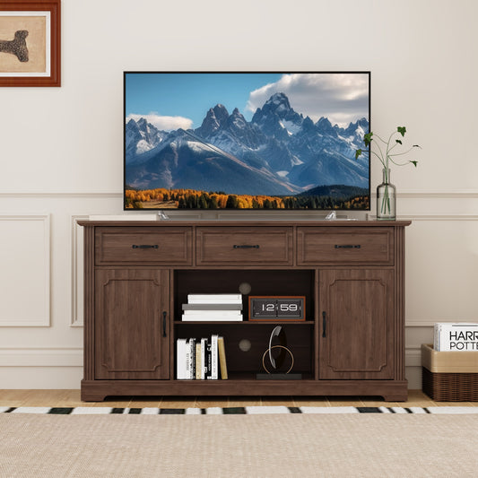 CBJCBJ 60.23" Farmhouse TV Console , 33" Tall Entertainment Center | Up to 65" & Larger TVs | Adjustable Shelf | 3 Drawers & Sliding Barn Doors(BROWN)