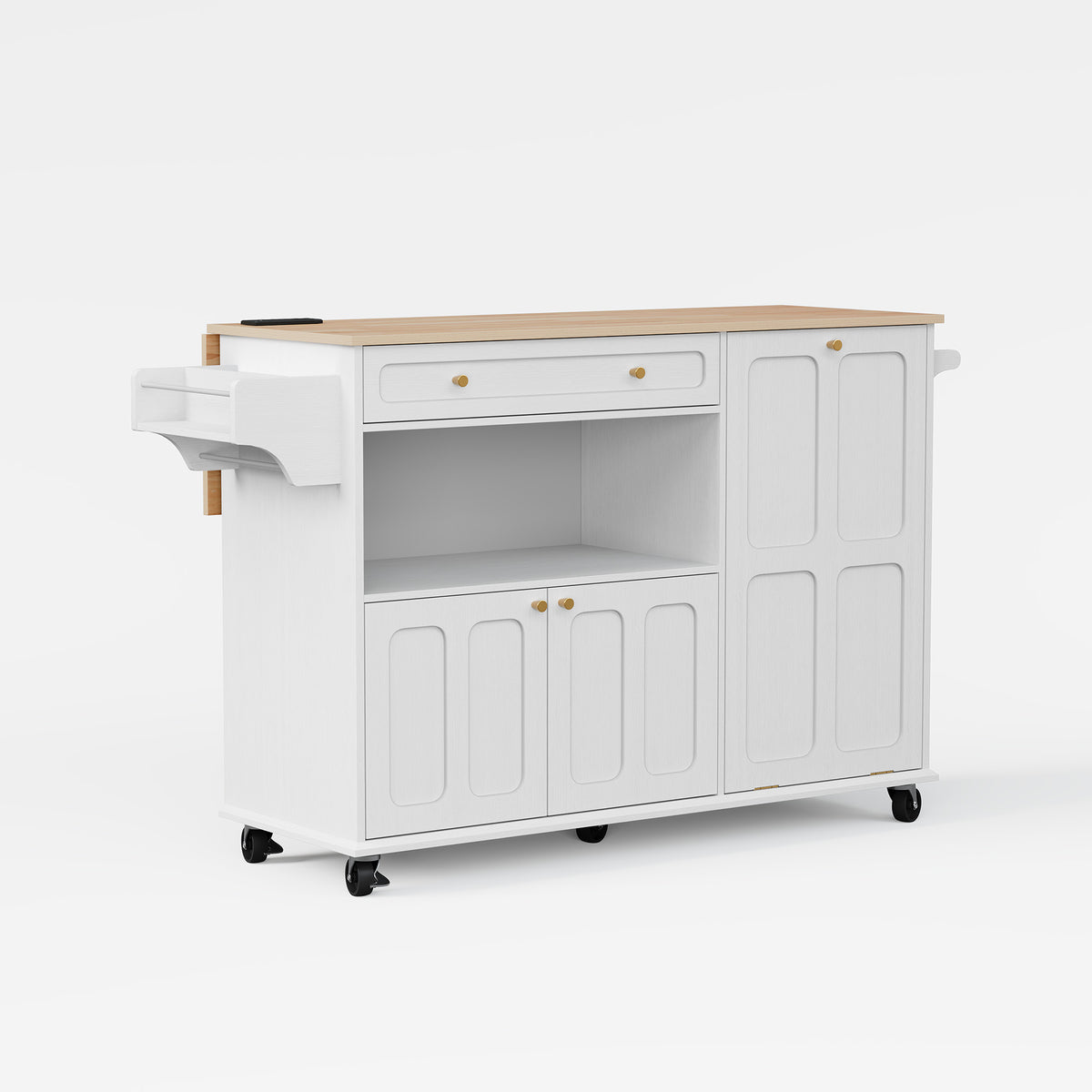 HLR Mid-Century 60" Kitchen Island with Trash Can Storage, Rolling Island Table, White