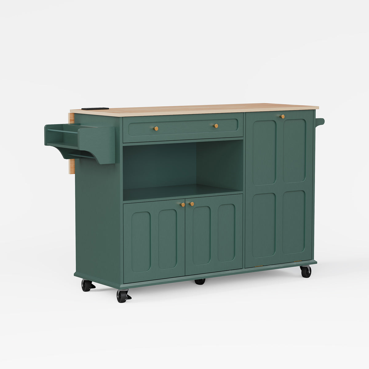 HLR Mid-Century 60" Kitchen Island with Trash Can Storage, Rolling Island Table, Green