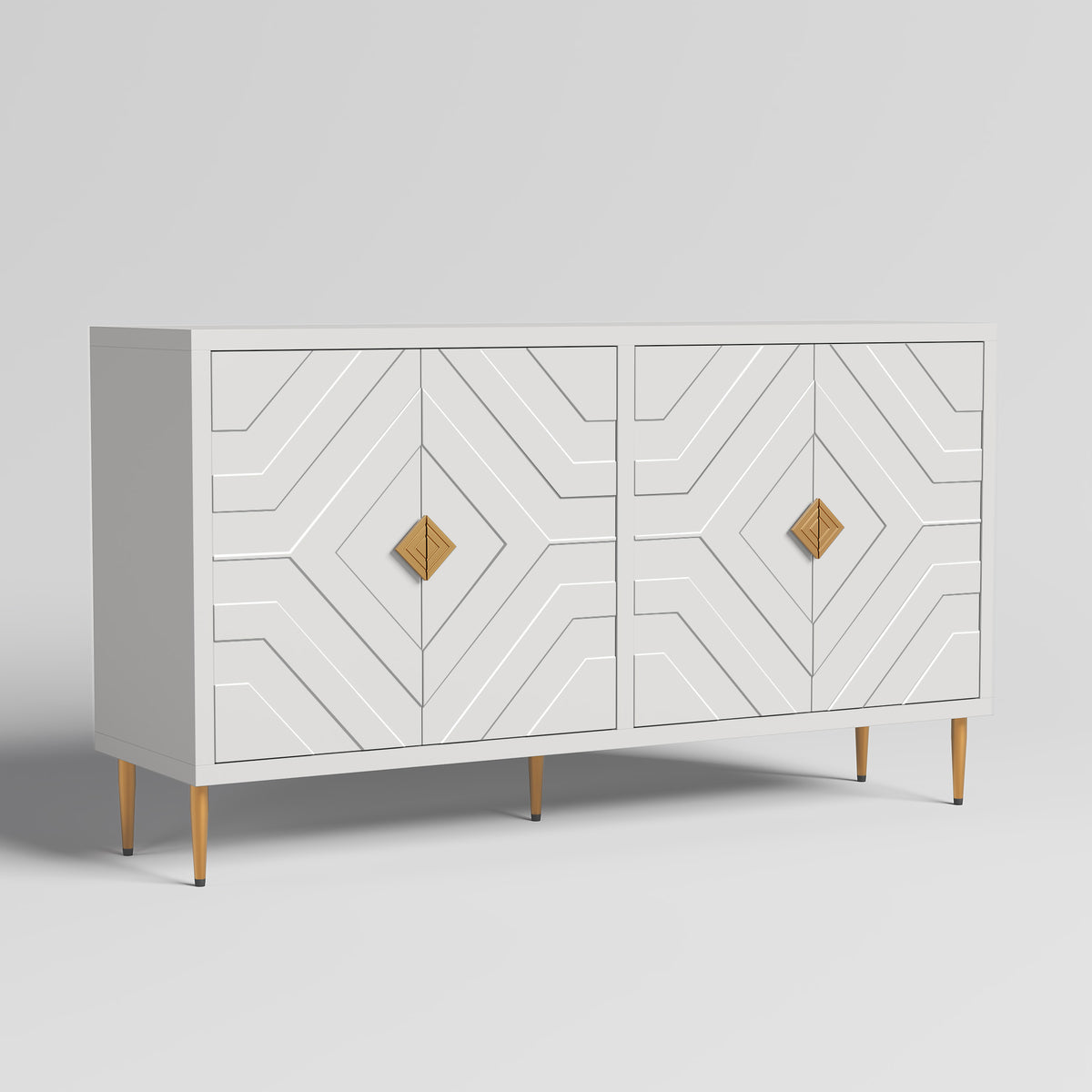 HLR 58" Modern Accent Sideboard Cabinet, 4 Doors, Adjustable Shelves, Fluted Storage Cabinet, White