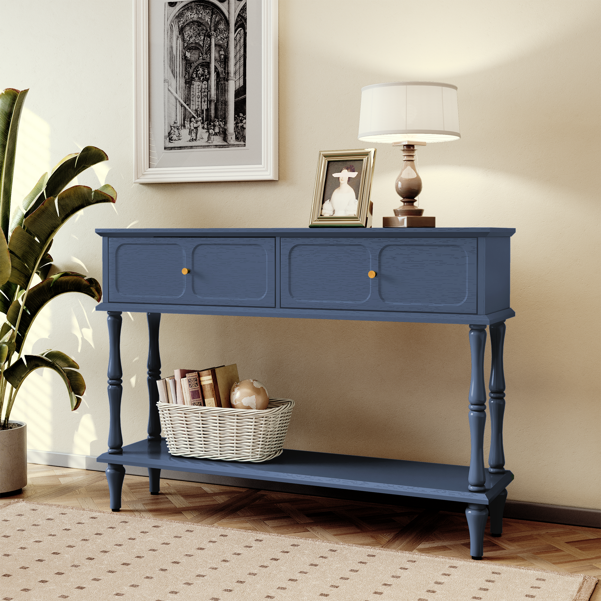 HLR 47" Mid Century Console Table, Aged Finish Entryway Table with Storage Shelf for Hallway, Blue