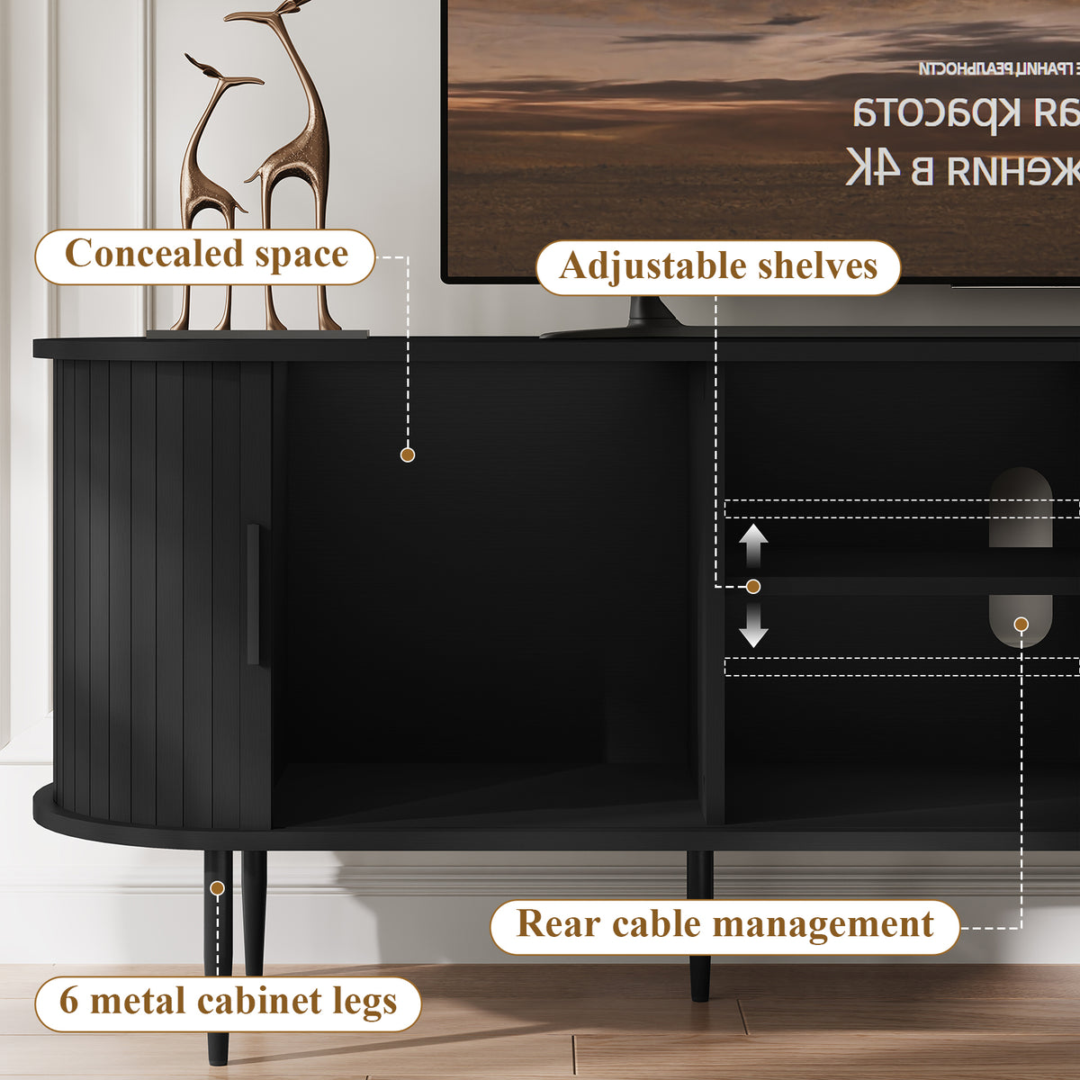 HLR 63" Black TV Stand for 75" TV, Wood Entertainment Center with 2 Sliding Tambour Doors Storage, Mid-Century