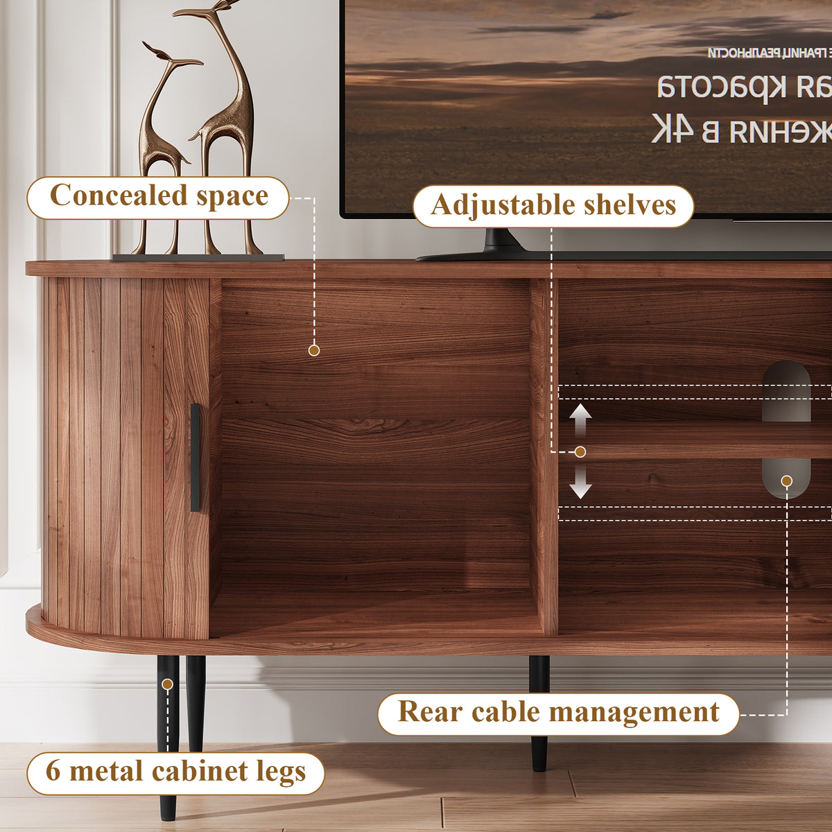 HLR 63" Brown TV Stand for 75" TV, Wood Entertainment Center with 2 Sliding Tambour Doors Storage, Mid-Century
