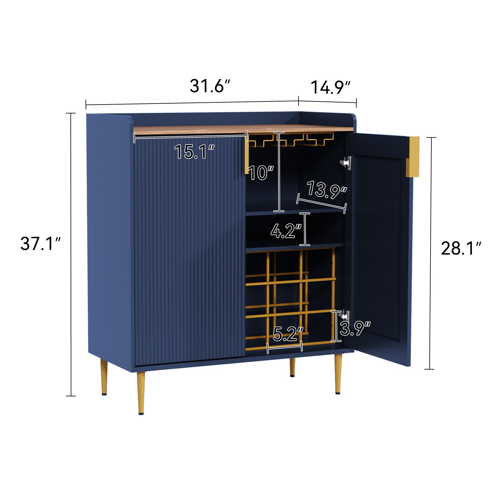HLR 32"W Wine Bar Cabinet with 2 Door Fluted Texture, Modern Coffee Cabinet with Rack&Glass Holder, Blue