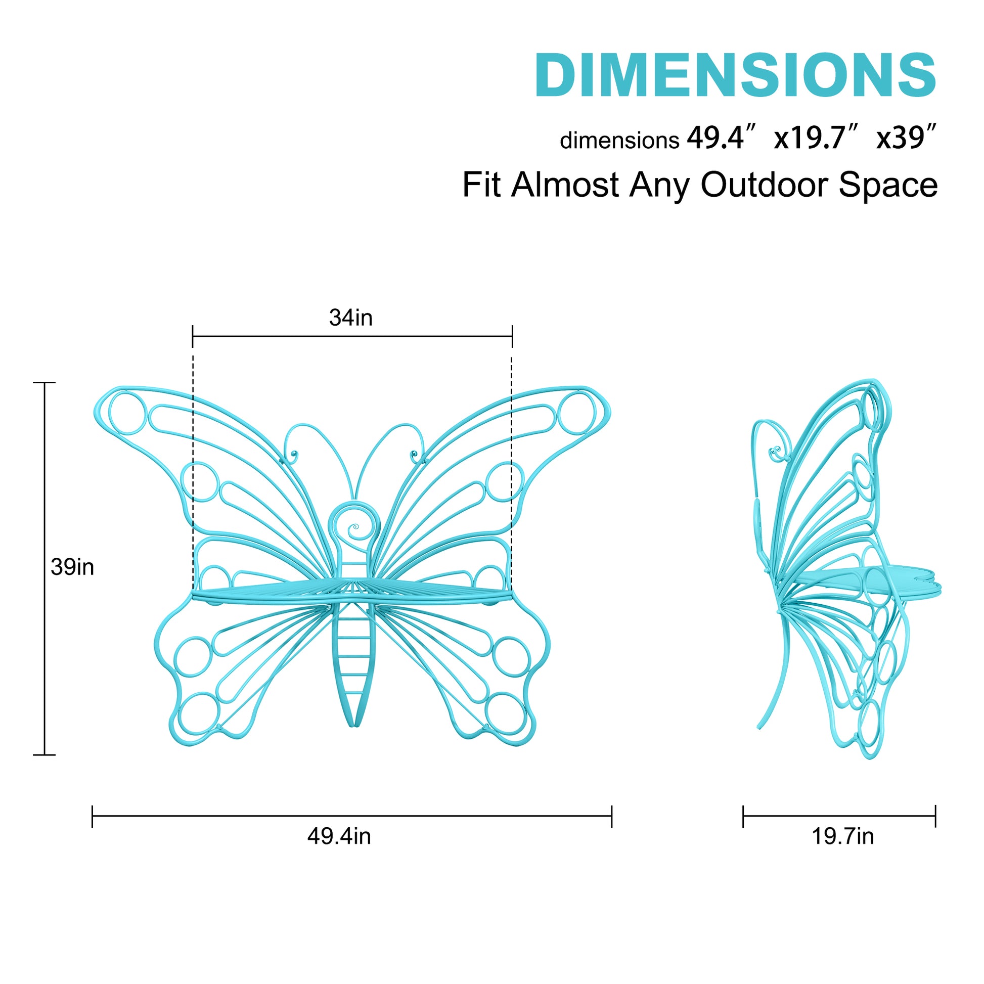 CBJCBJ 50" Weatherproof Outdoor Patio Bench，Metal Butterfly Design for Garden and Lawn Porch， Blue