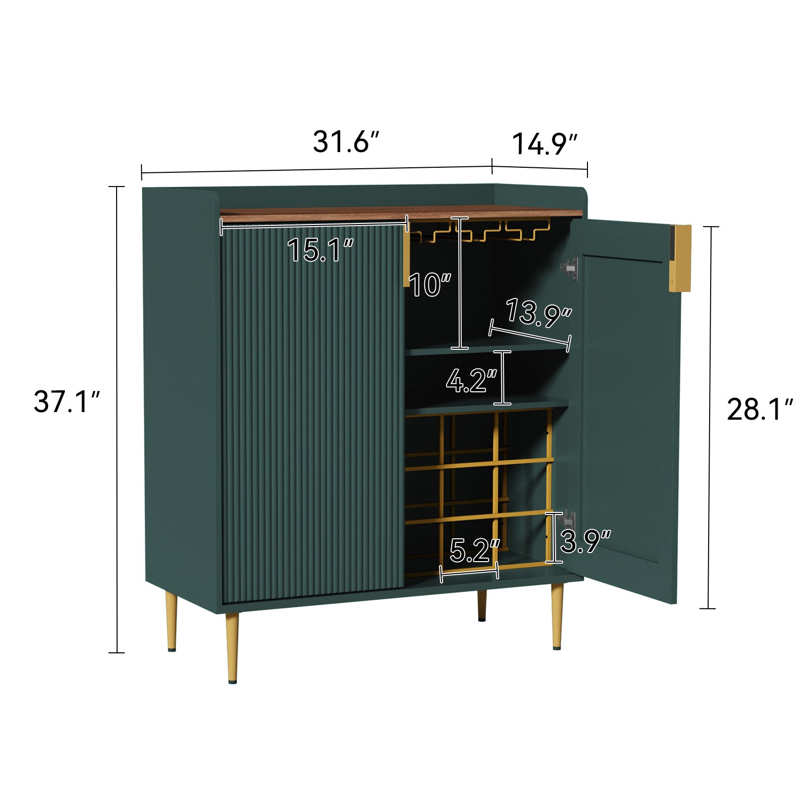 HLR 32"W Wine Bar Cabinet with 2 Door Fluted Texture, Modern Coffee Cabinet with Rack&Glass Holder, Green.
