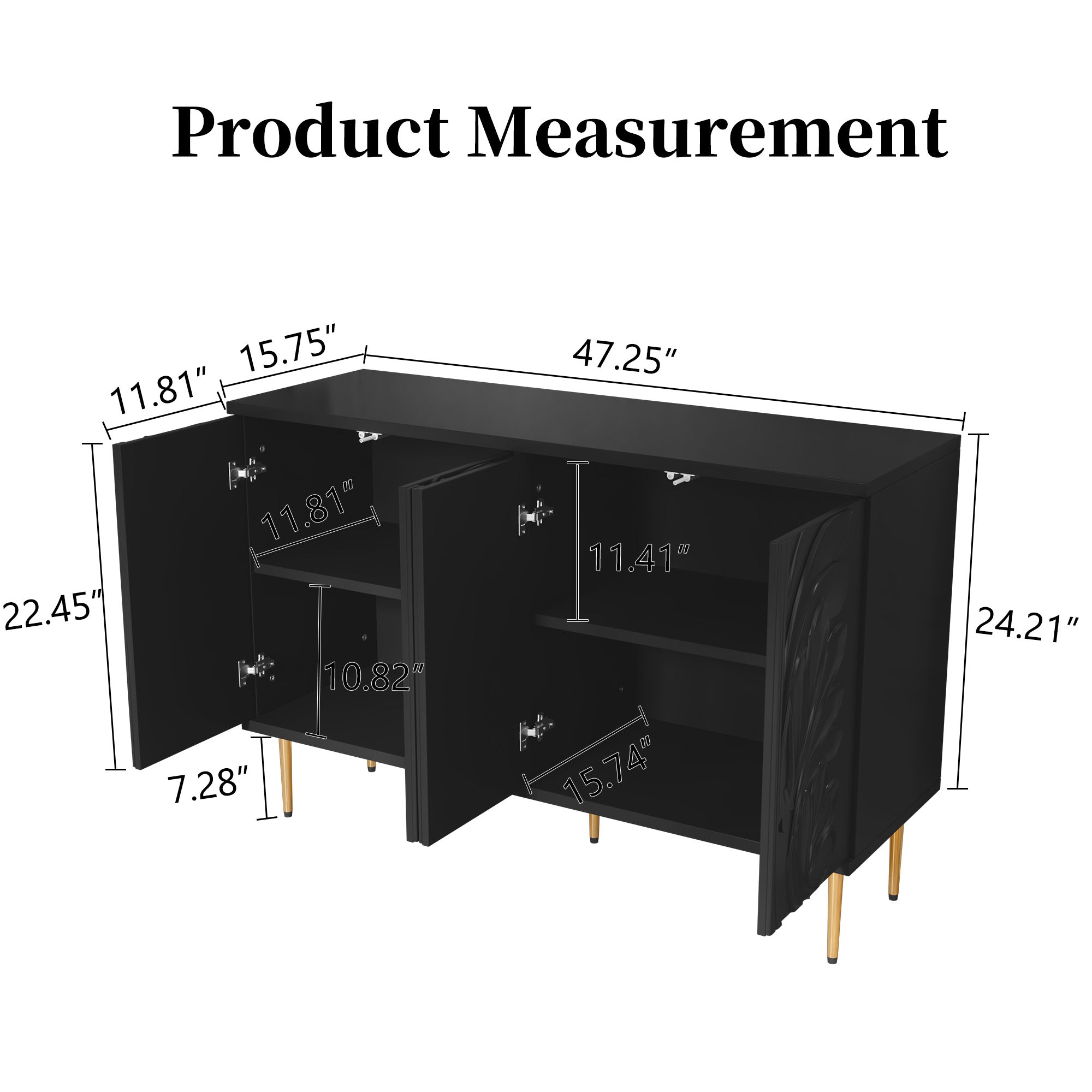 CBJCBJ 47.24"W Modern 4-Door Credenza with 3D Floral Doors & Shelves, Storage Sideboard for Dining Room, Kitchen Black