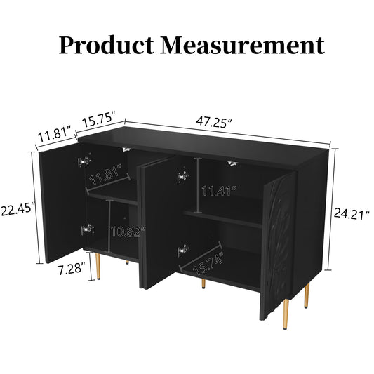 CBJCBJ 47.24"W Modern 4-Door Credenza with 3D Floral Doors & Shelves, Storage Sideboard for Dining Room, Kitchen Black
