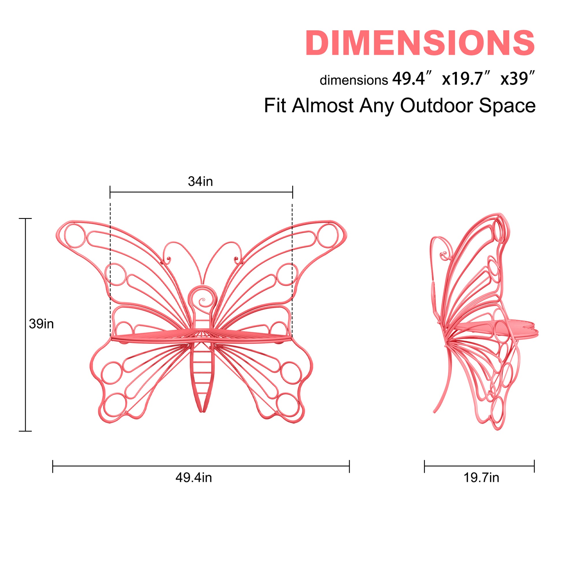 HLR Outdoor Bench with Butterfly Inspired Pattern, 50'' Metal Frame Patio Garden Chair Cast Iron, Pink