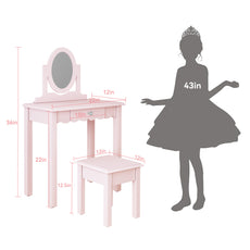 CBJCBJ Kids Vanity Set with Mirror and Stool（Detachable Top）, Wooden 2 in 1 Princess Makeup Desk Dressing Table,Pink
