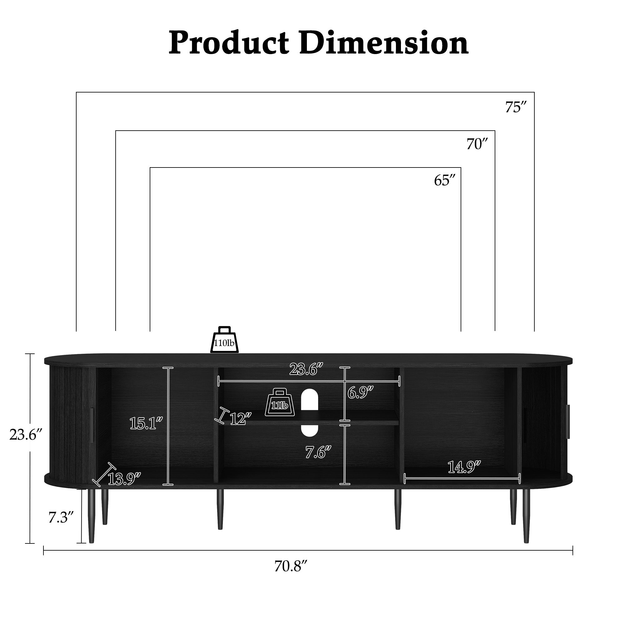 CBJCBJ 70" Modern Tambour Door TV Stand up to 80" TVs, Entertainment Center with Storage, Fluted Television Consoles for Living Room（Black）