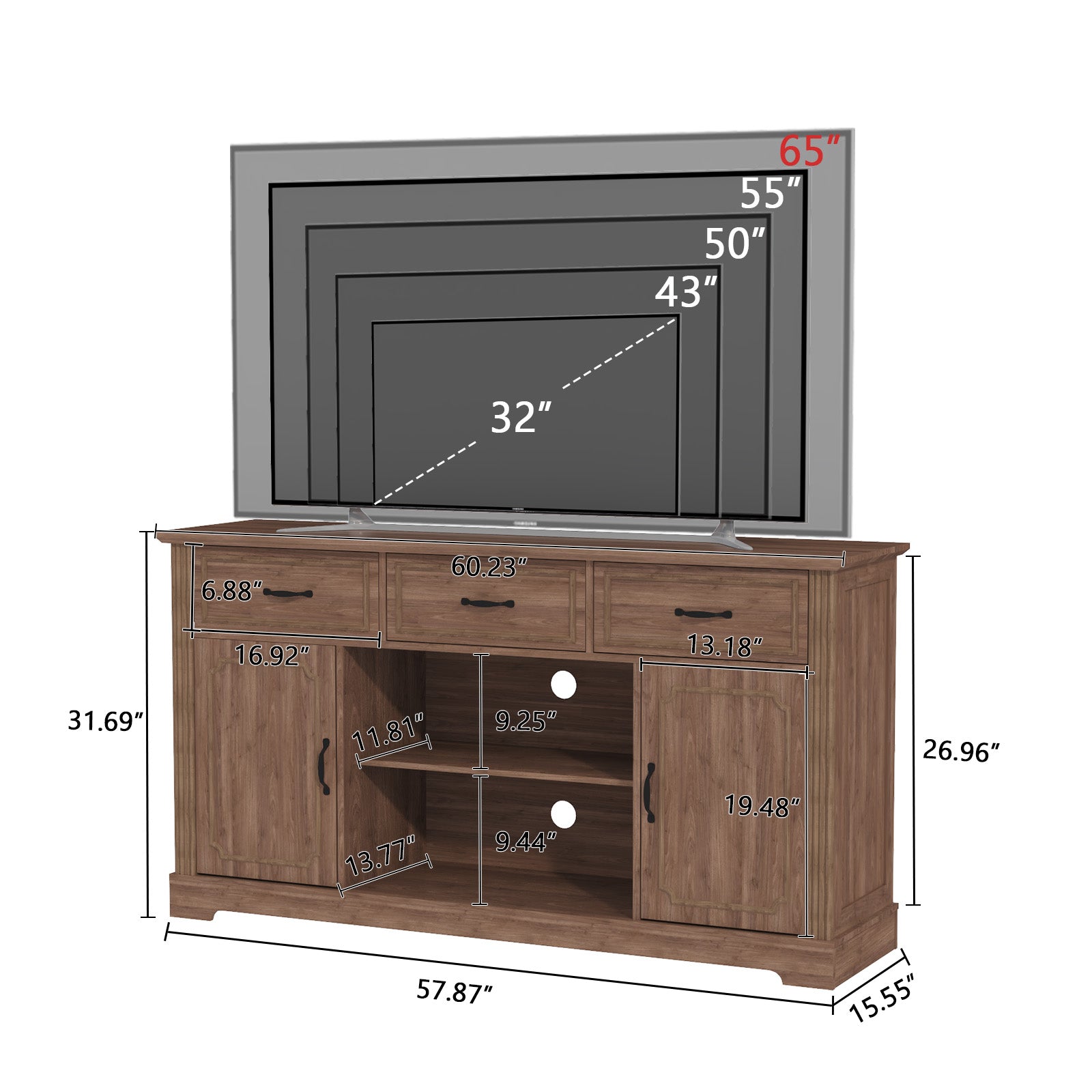 CBJCBJ 60.23" Farmhouse TV Console , 33" Tall Entertainment Center | Up to 65" & Larger TVs | Adjustable Shelf | 3 Drawers & Sliding Barn Doors(BROWN)